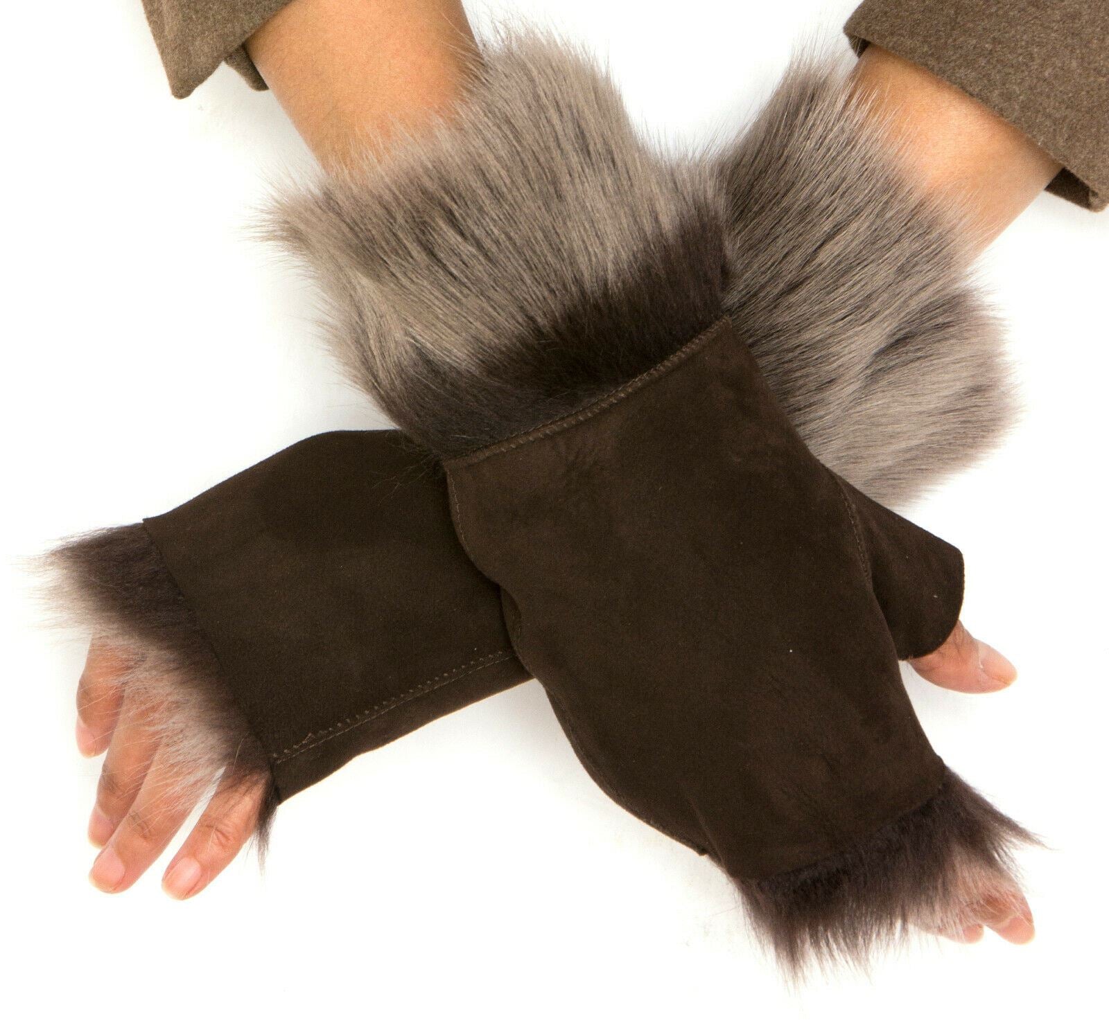 Womens Shearling Mittens Fingerless Cuffs Toscana Suede Sheepskin Fur