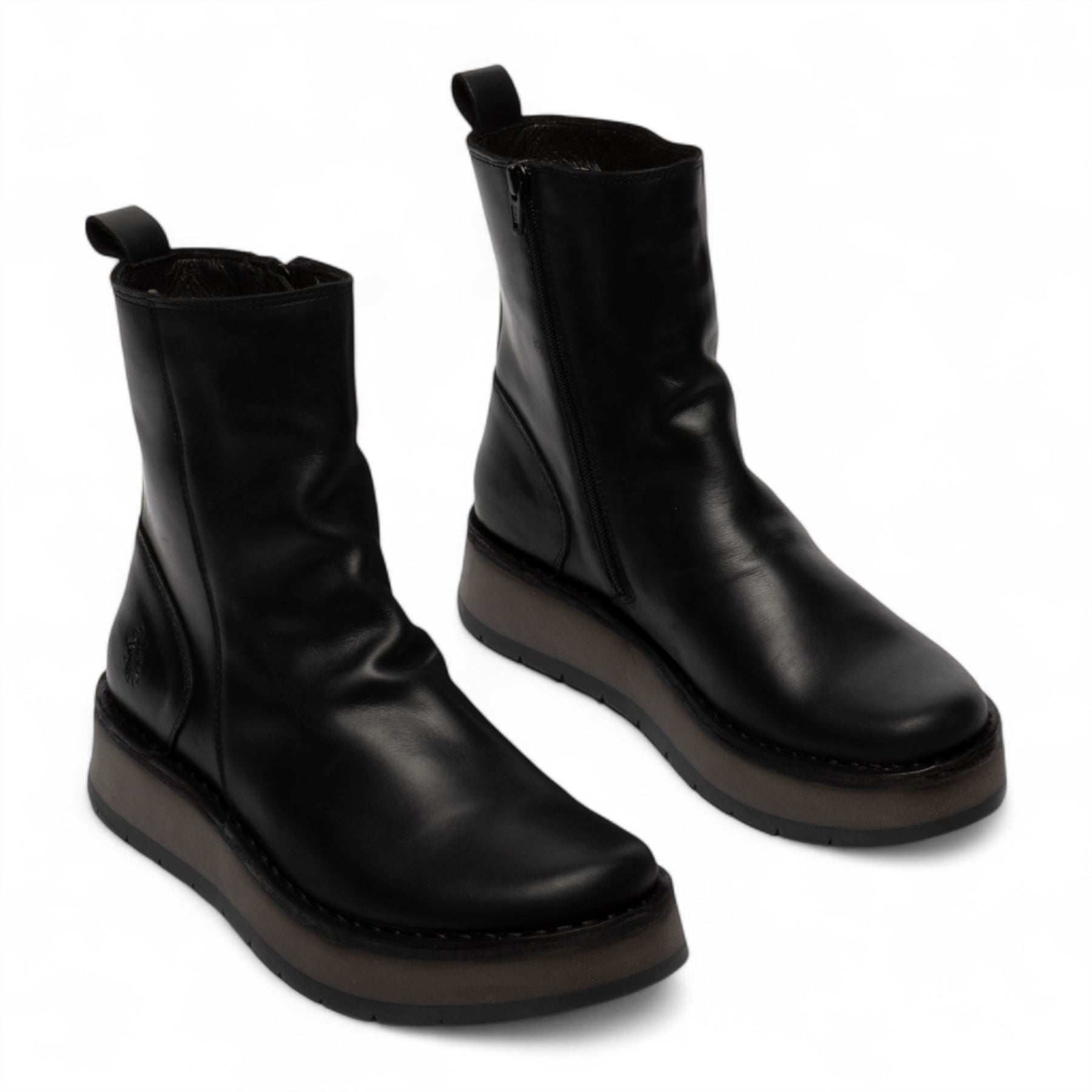 Fly London Womens Black RENO053FLY Leather Zip Up Platform Comfort Ankle Boots