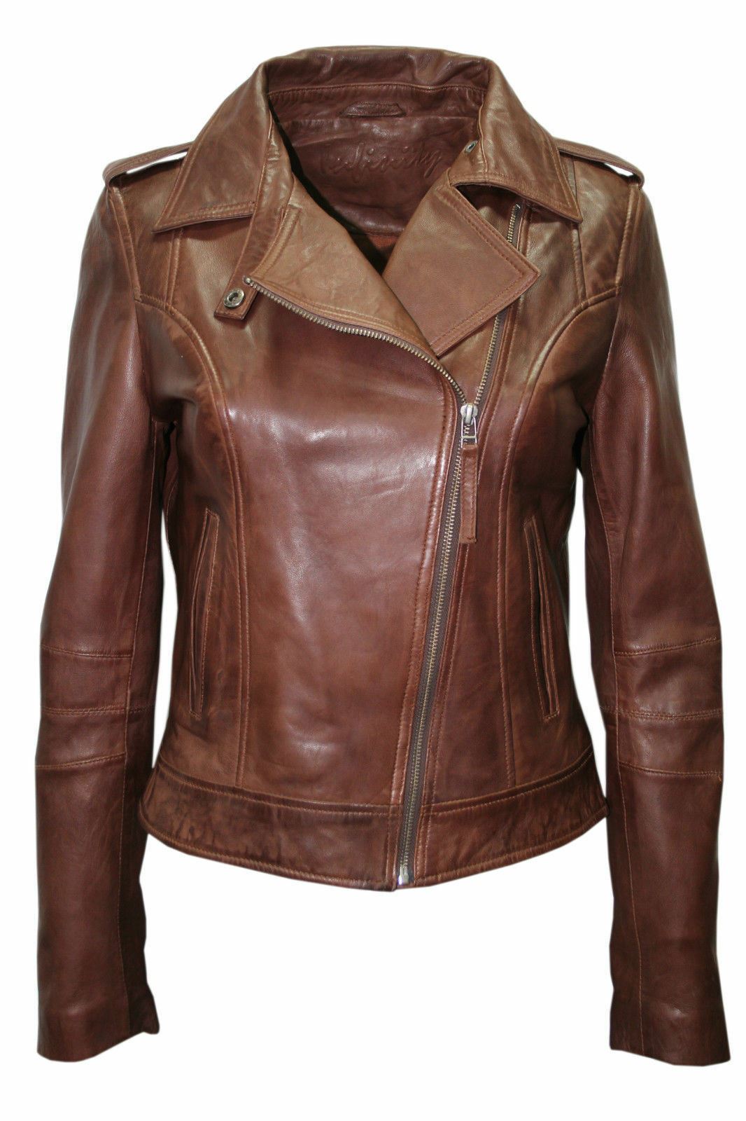 Womens Vintage Chestnut Leather Biker Jacket-Meltham - Upperclass Fashions 