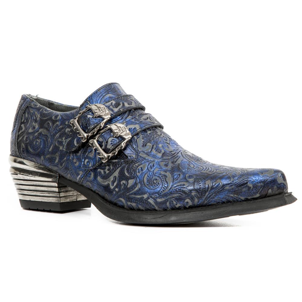 New Rock Vintage Blue Floral Leather Buckle Shoes-7960-S7 - Upperclass Fashions 