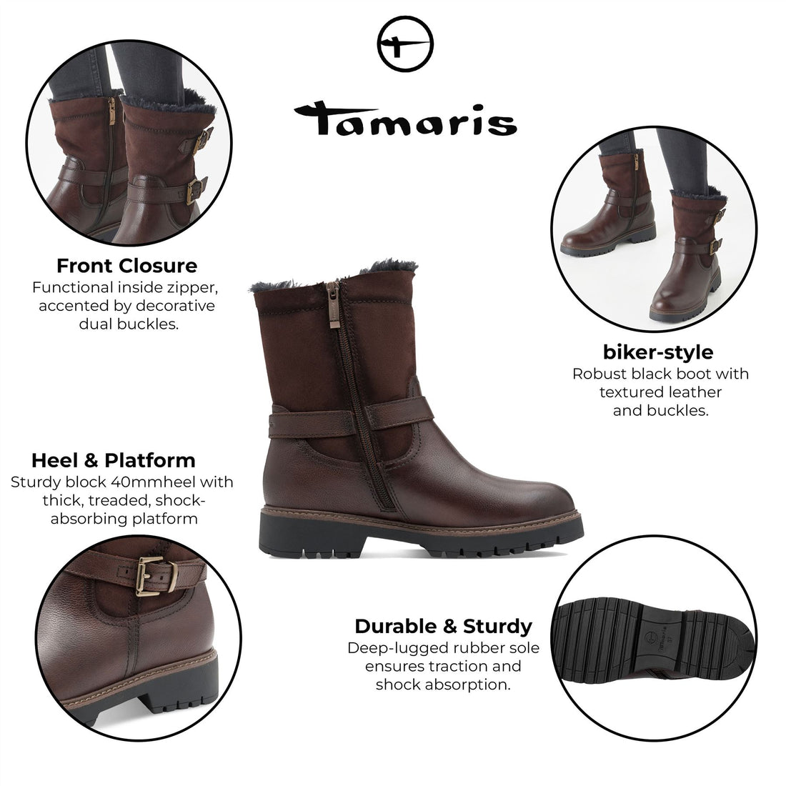 Tamaris Womens Winter Mocca Brown Leather Buckle Zip Biker Ankle Boots