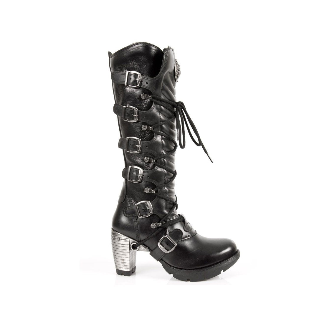 New Rock Ladies Black Buckle Laced Knee-High Boots- TR004-S1