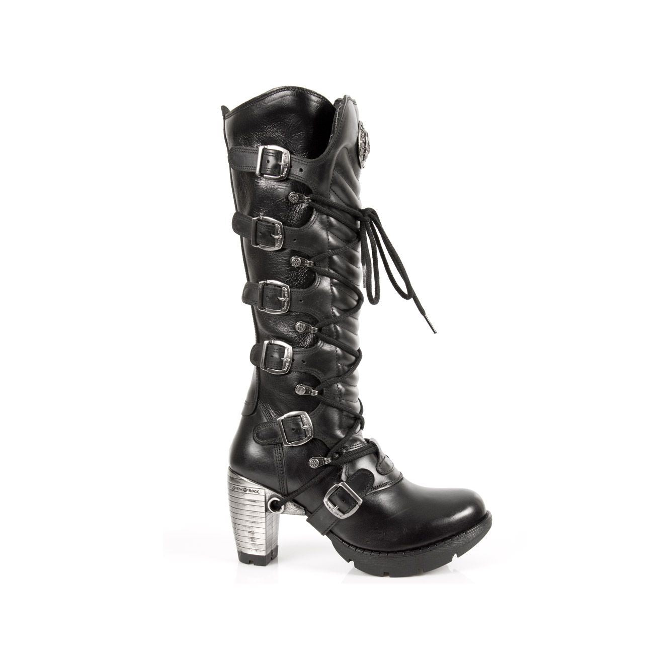 New Rock Ladies Black Buckle Laced Knee-High Boots- TR004-S1