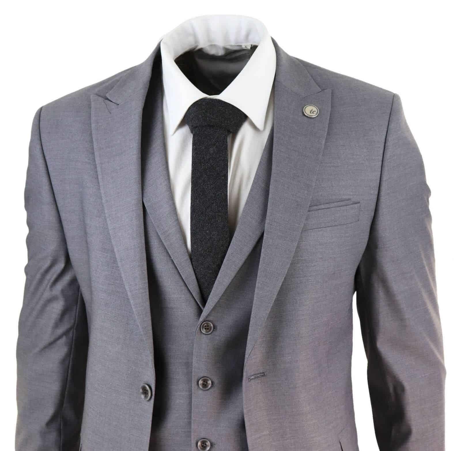 New Mens 3 Piece Suit Plain Grey Classic Tailored Fit Smart Casual 1920s Formal