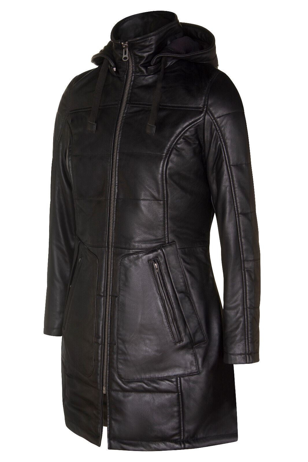 Womens Leather Hooded Quilted Parka Coat-Olney - Upperclass Fashions 