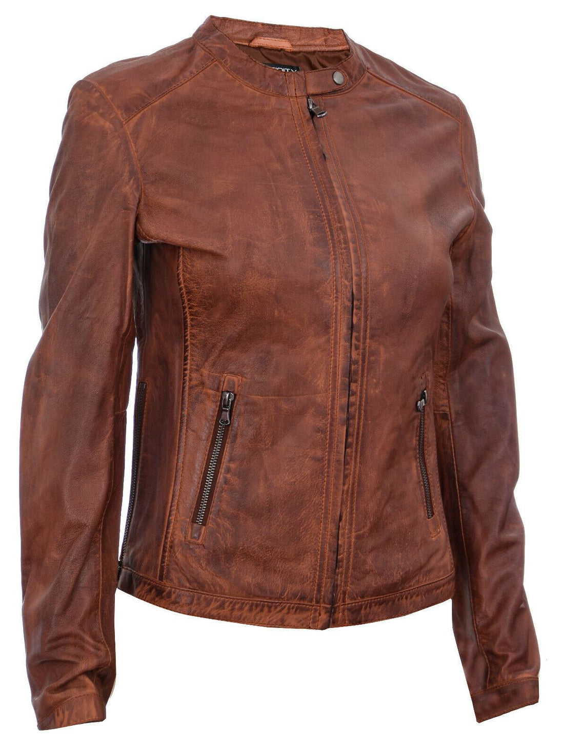 Womens Tan Vintage Leather Biker Jacket-Lydney - Upperclass Fashions 