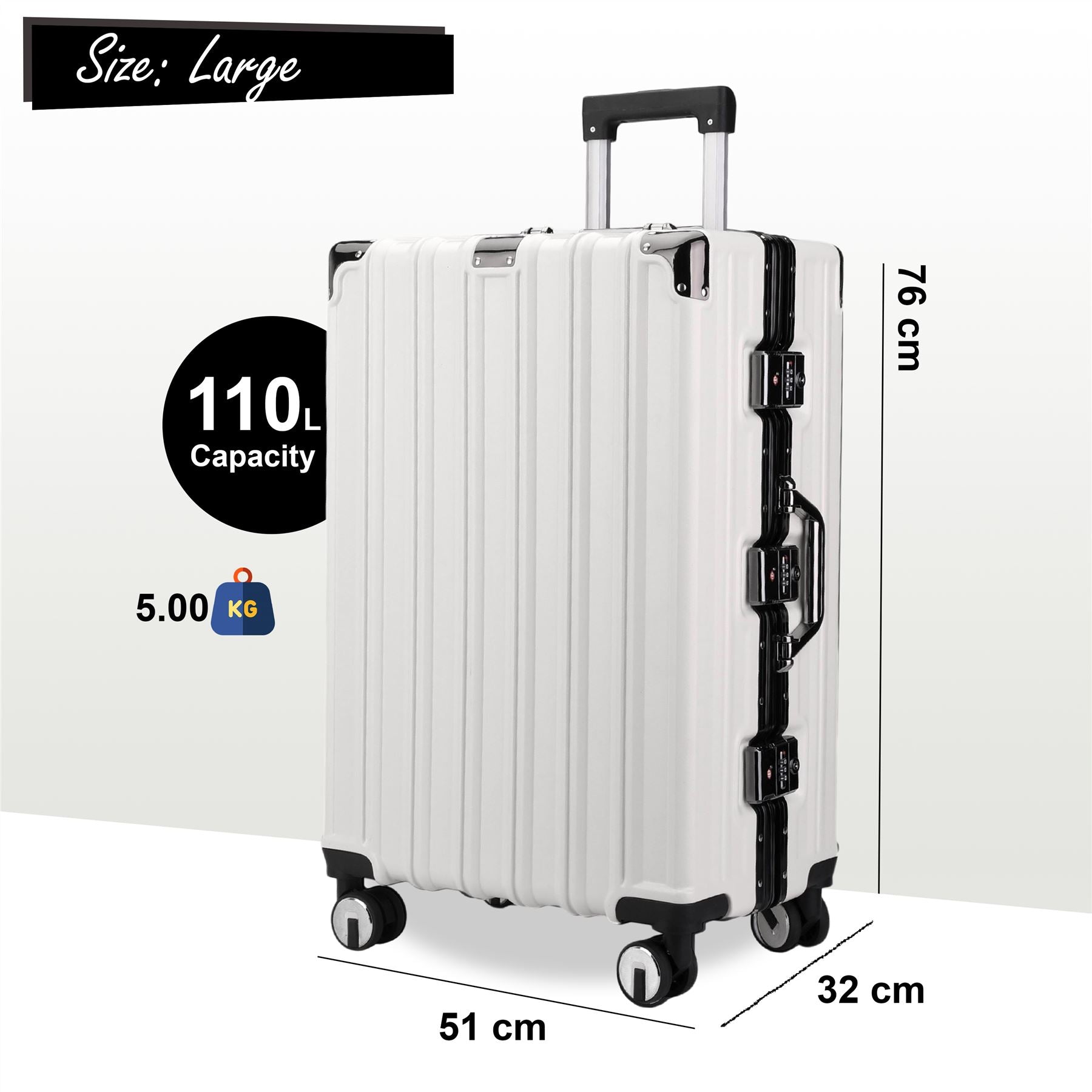 Hardshell Pink Suitcase Set Robust 8 Wheel Luggage Cabin Case Bag - IL-PC-ALLOY-WHITE