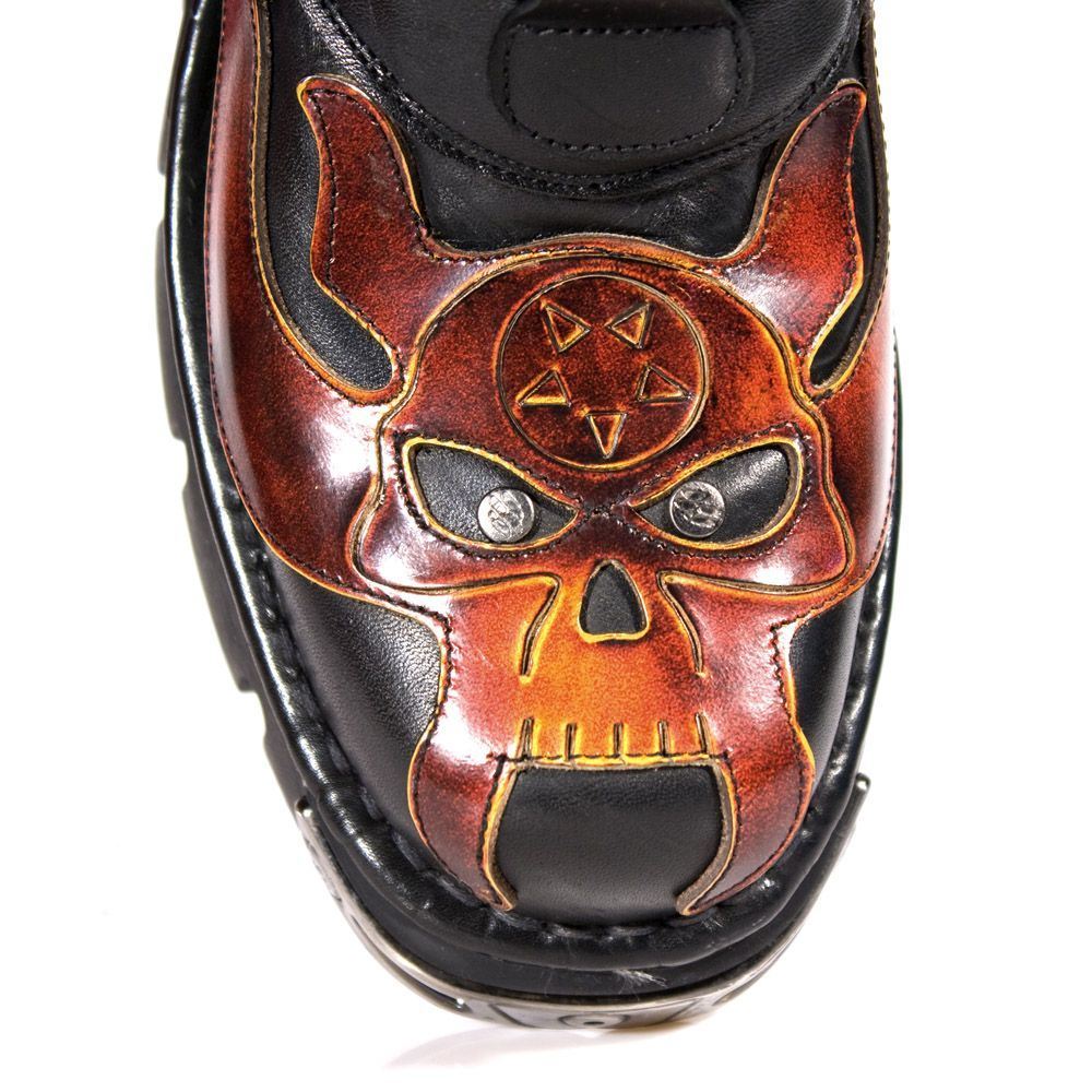 New Rock Flame Accented Black/Red Leather Biker Skull Boots - 107-S1