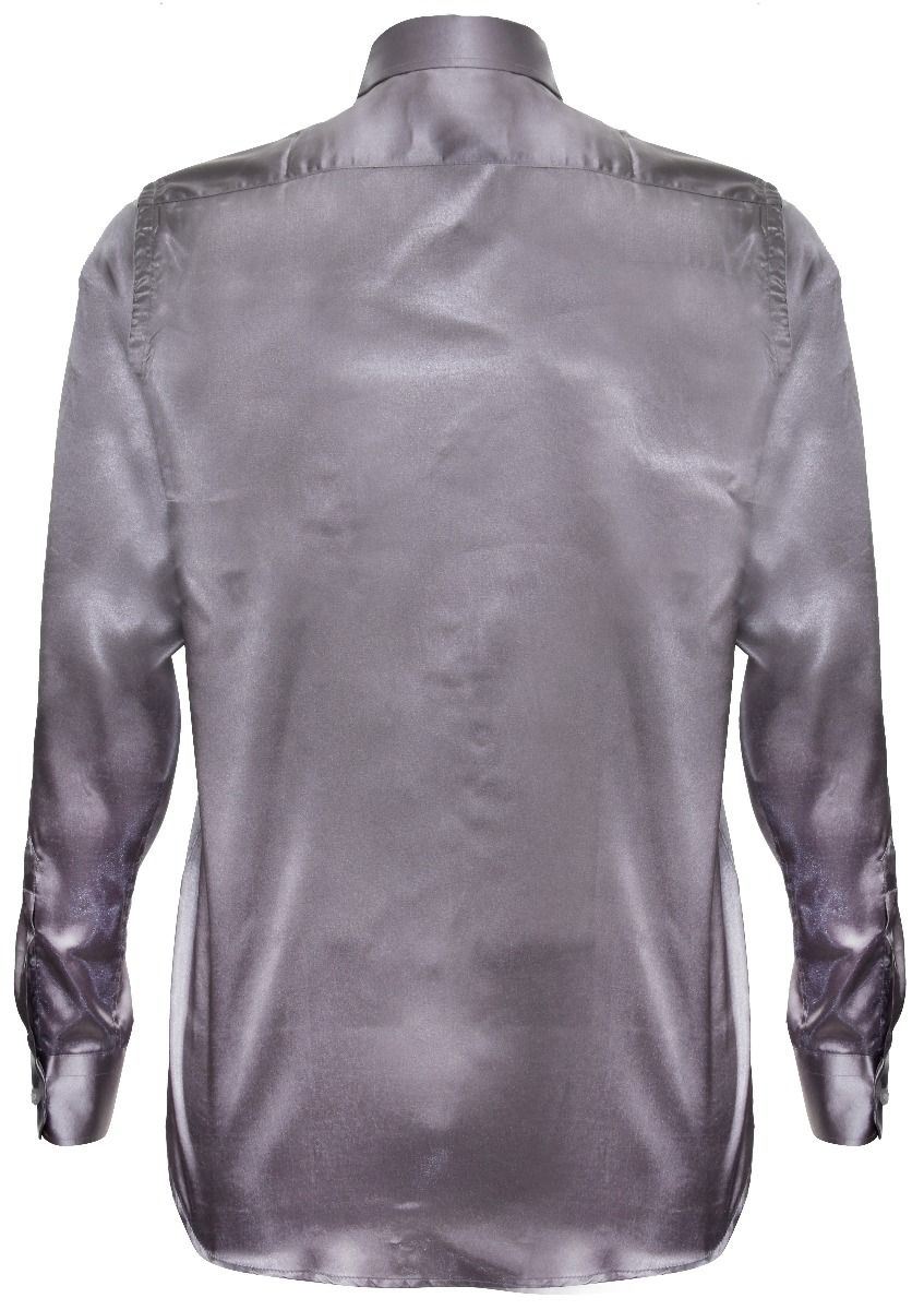 Mens Silver Satin Silk Shirt Smart Casual Button Down Cuff Tailored Fit