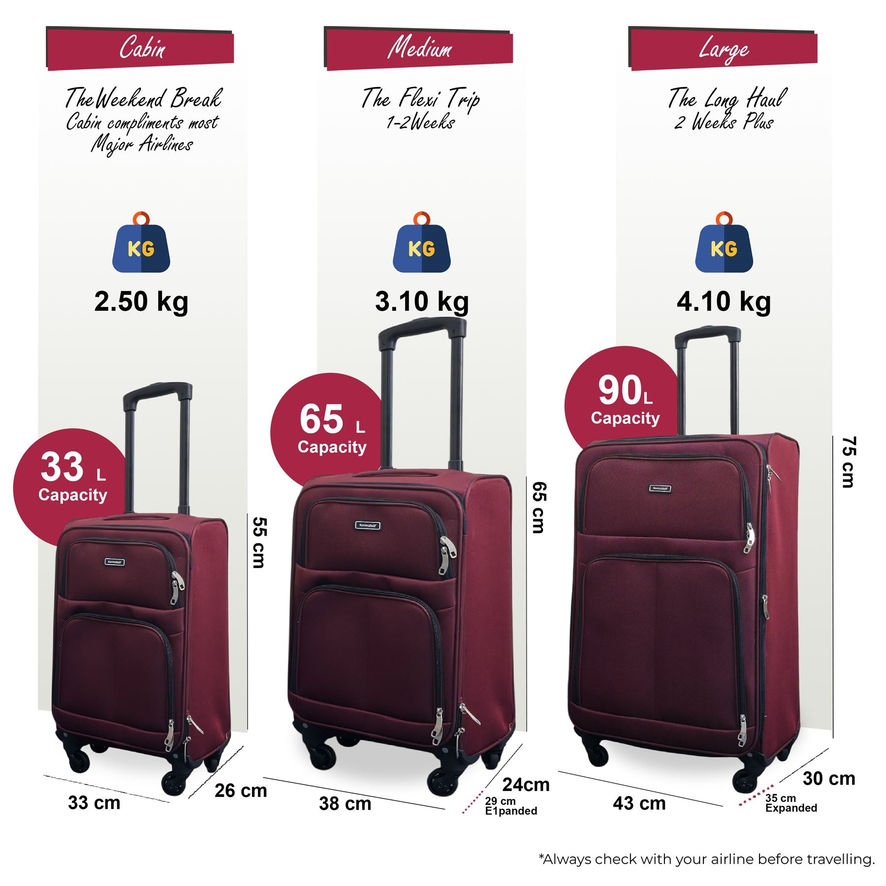 Tahara Set of 3 Soft Shell Suitcase in Wine