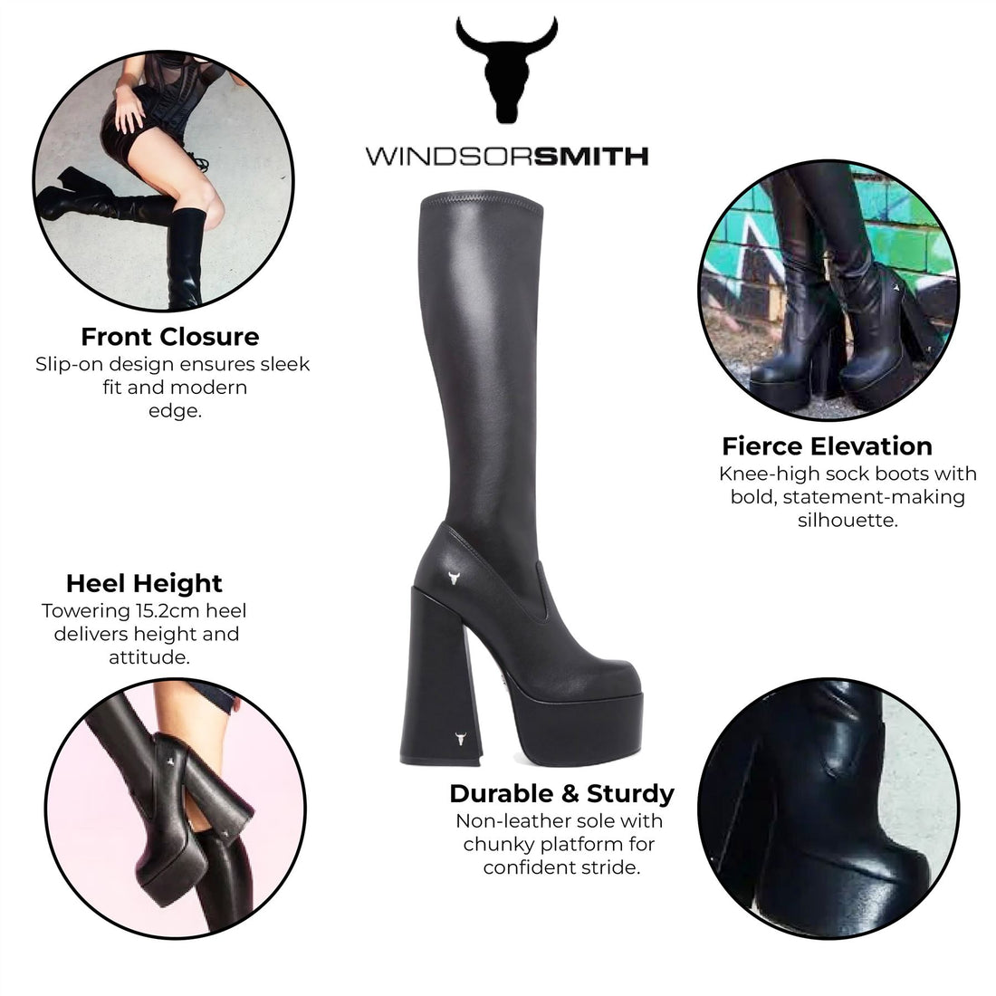 Windsorsmith Womens Black Knee-High Sock Platform Goth Heel Boots - Survival