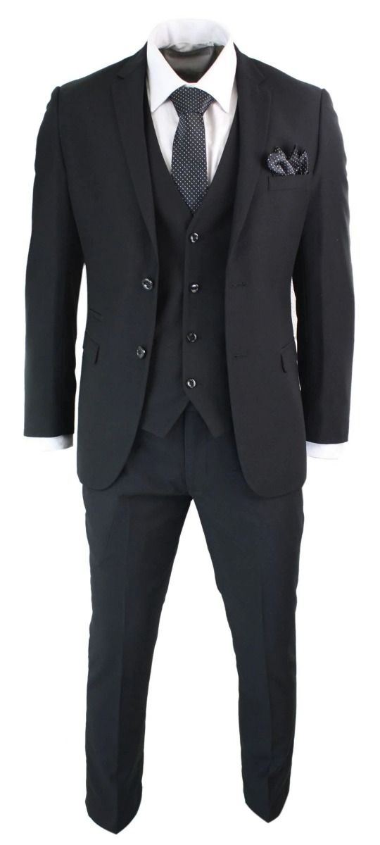 Mens 3 Piece Plain Black Classic Retro Suit