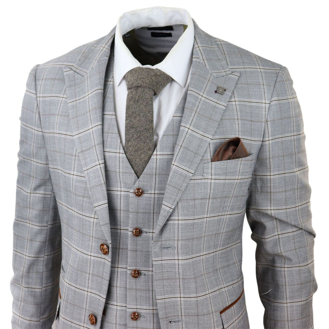 Mens Light Grey 3 Piece Velvet Trims Tailored Fit Suit - Upperclass Fashions 