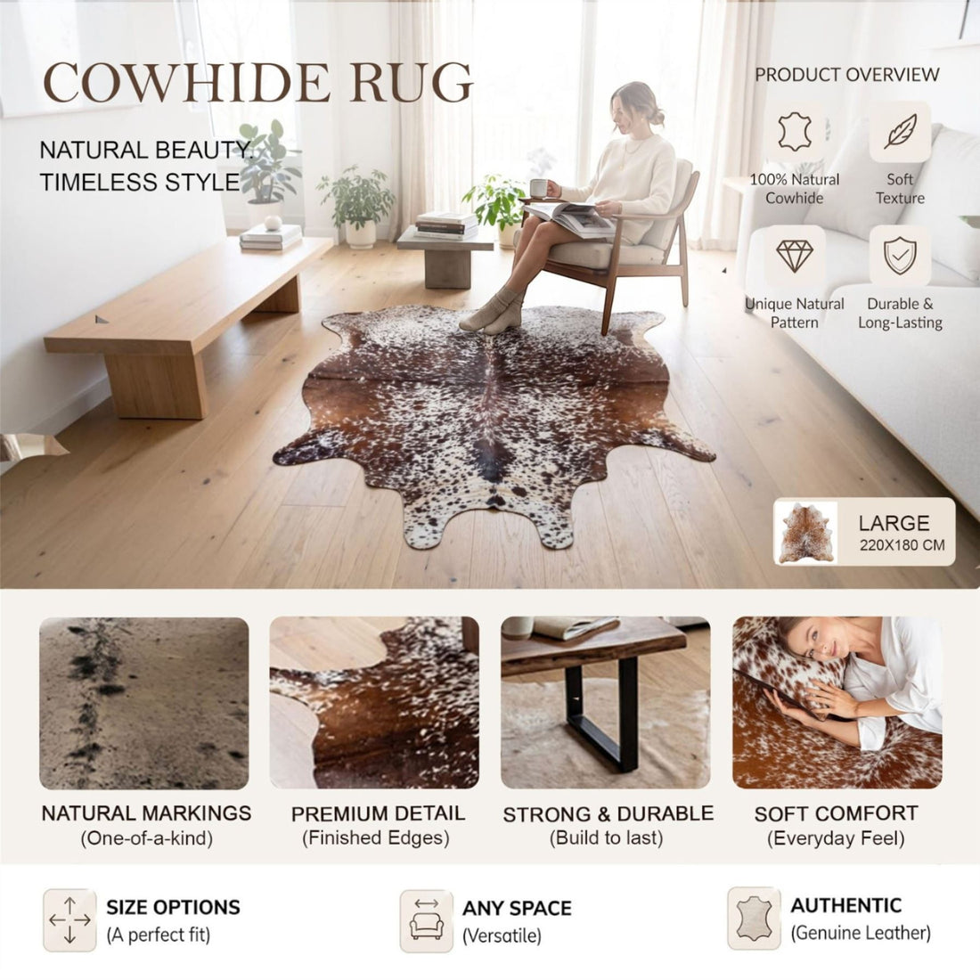 Genuine Cowhide Natural Leather Hairon Rug - Salt & Papper