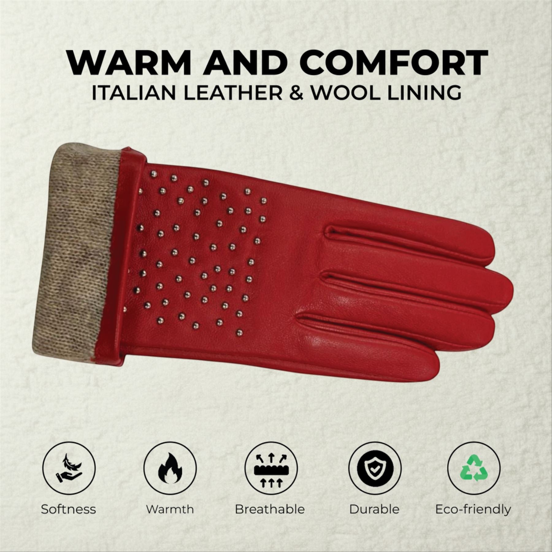 Womens Italian Leather Winter Studded Design Soft Wool Lining Gloves - L-GLV-601