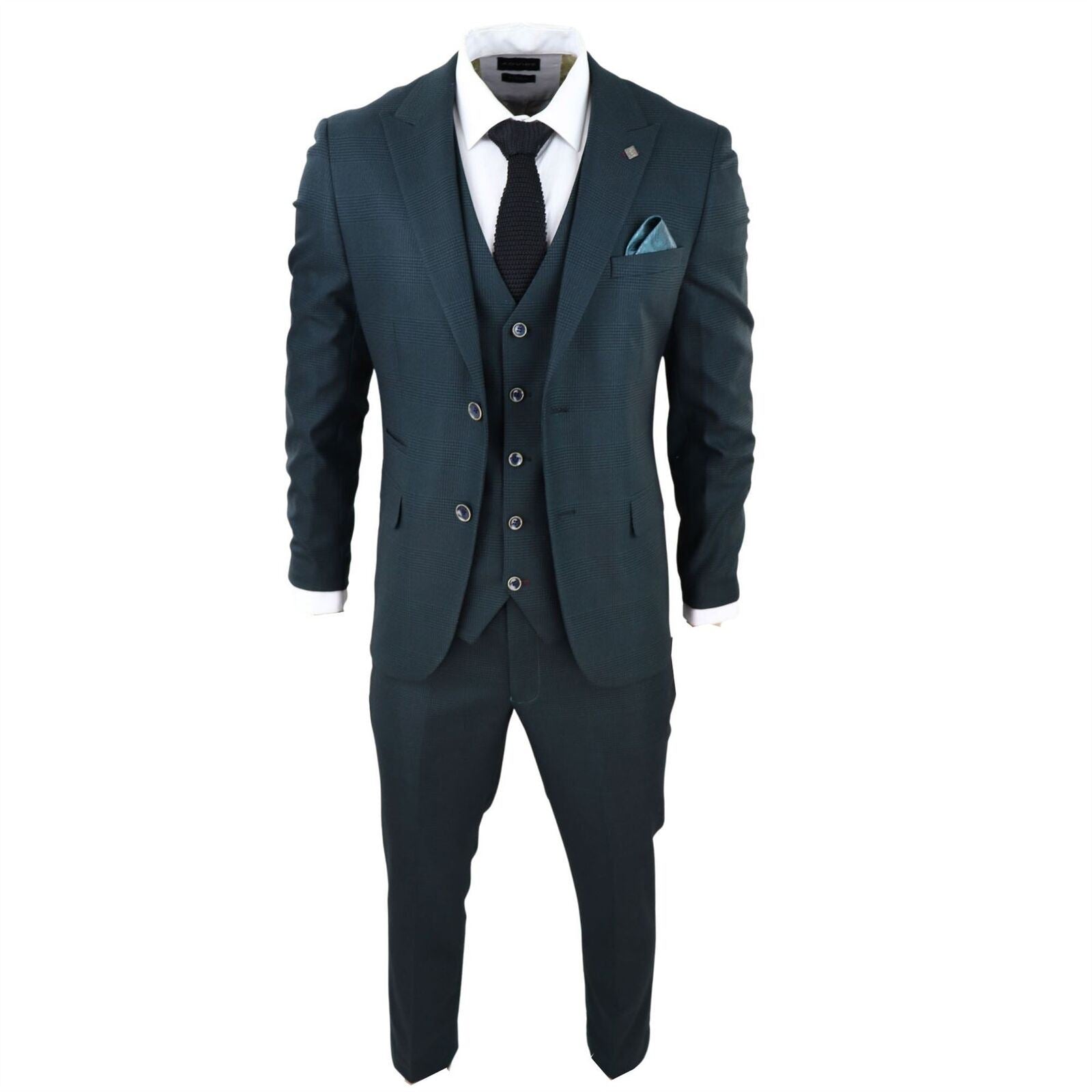 Mens Olive Green 3 Piece Check Tailored Fit Suit