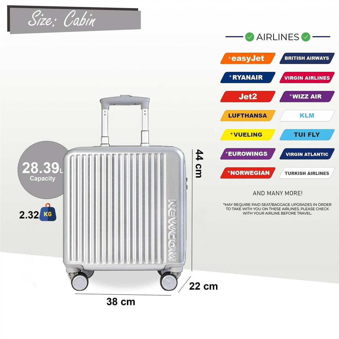 Hard Shell Cabin 44 x 22 x 38 cm Silver TSA Secure Luggage Suitcase Suitable for Easyjet, Ryanair