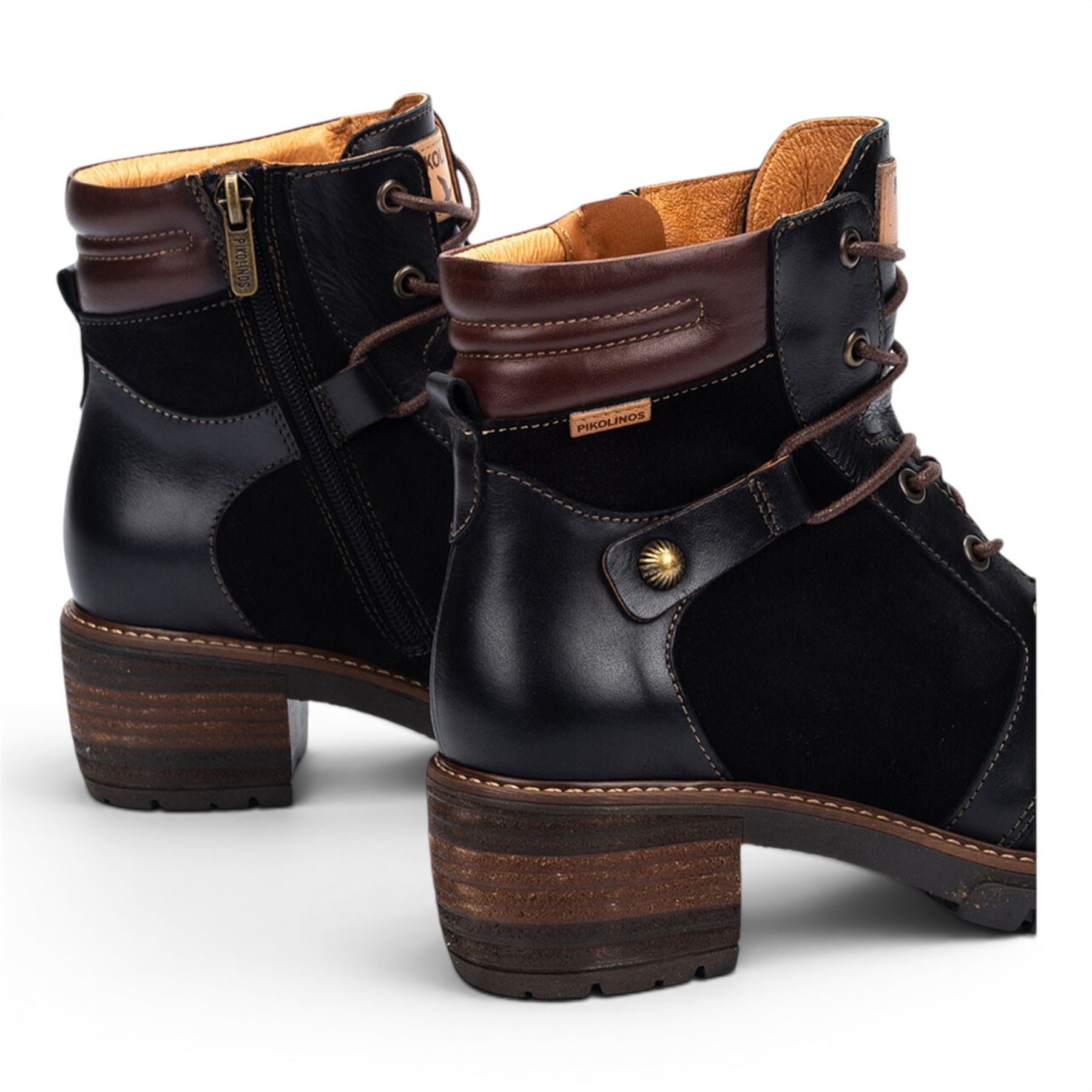Pikolinos Women’s Black Leather Zip & Lace Up Heel Ankle Boots - San Sebastia