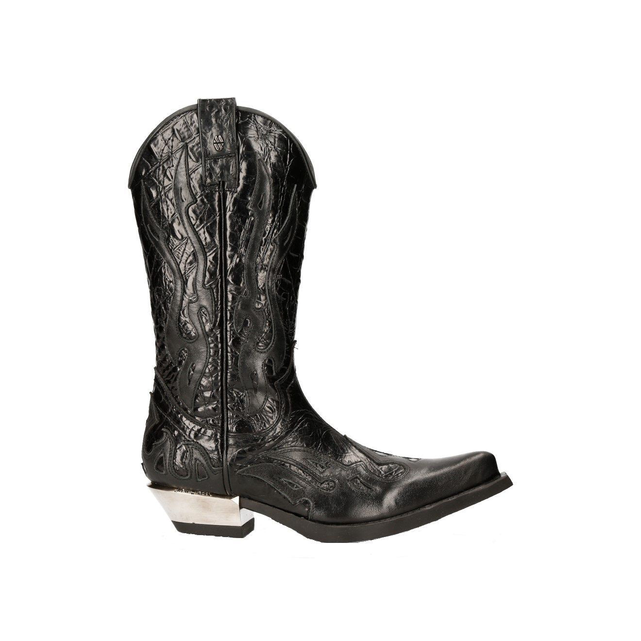 New Rock Flame Accented Black Leather Biker Cowboy Boots- M-7921-S1