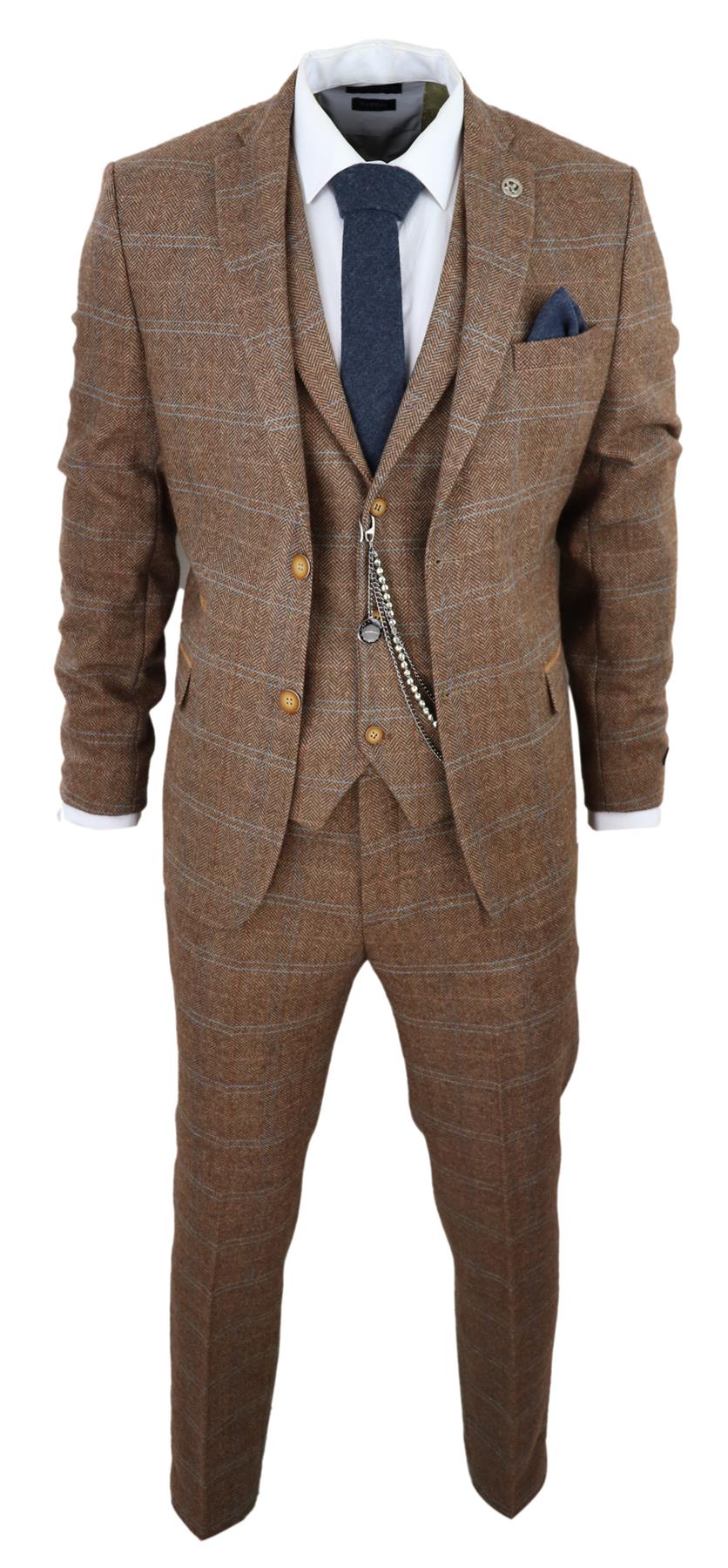 Mens 3 Piece Wool Suit Oak Brown Tweed Herringbone Check Peaky Blinders Gatsby