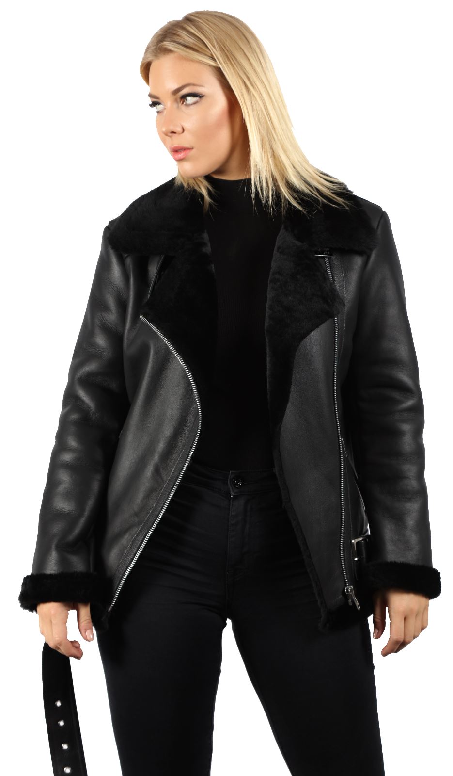 Womens Sheepskin Aviator Black Biker Jacket-Peterlee - Upperclass Fashions 