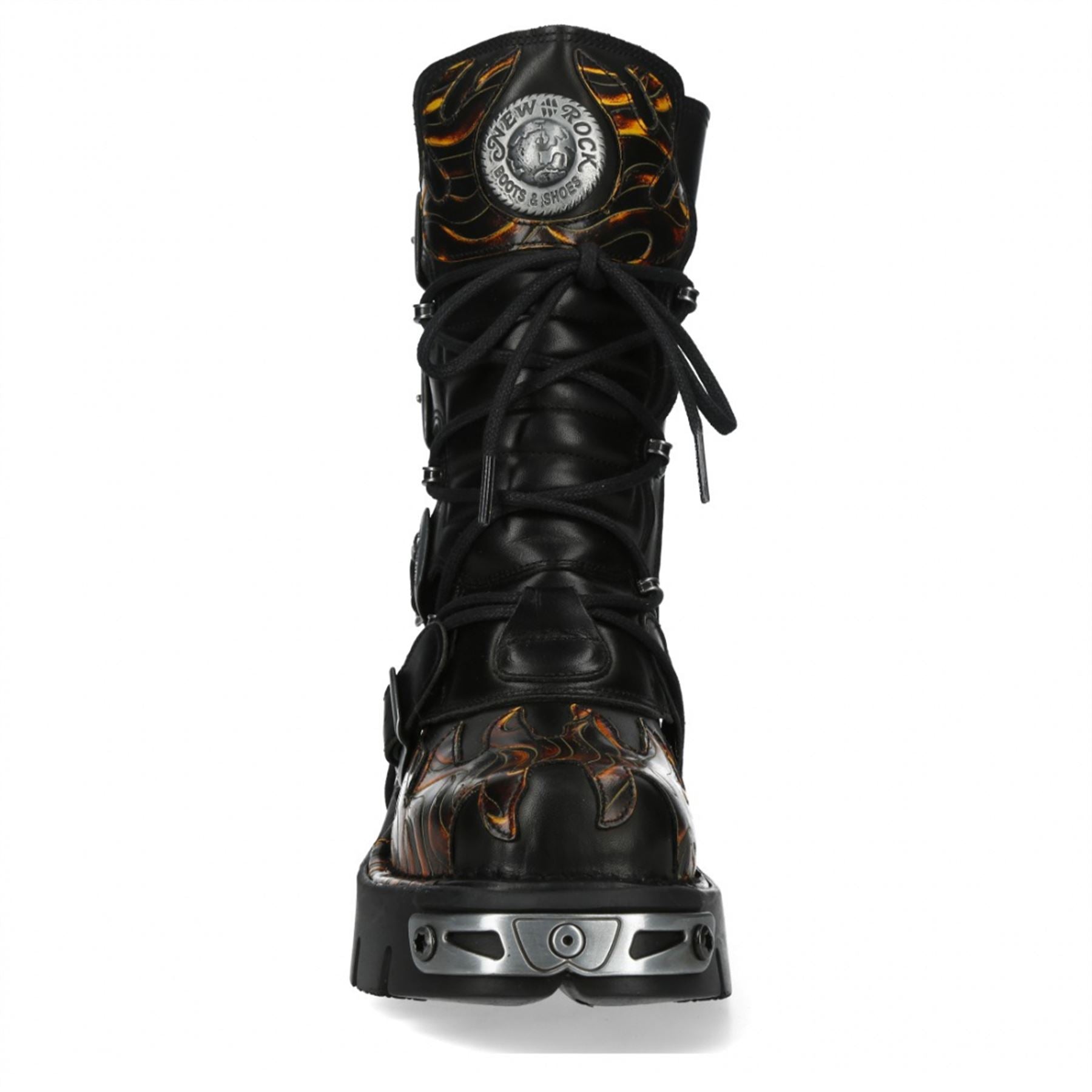 New Rock M-591-C58 Mid-Calf High Black Flame Leather Metallic Gothic Boots