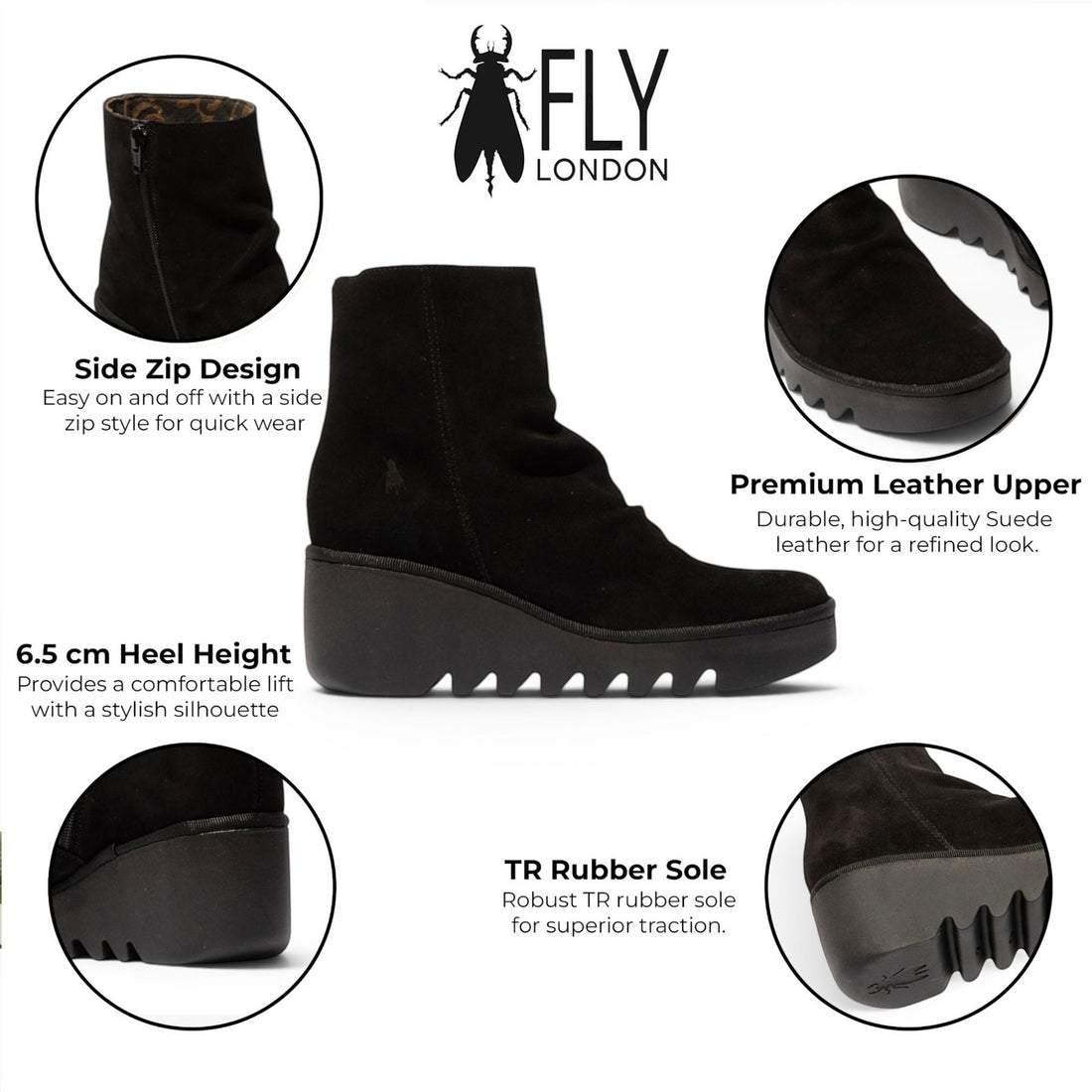 Fly London Women’s Black Suede Leather Wedge Heel Platform Ankle Boots - BAAN538
