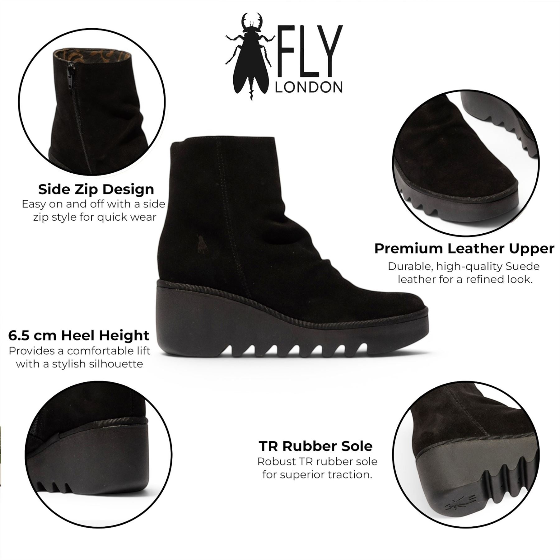 Fly London Women’s Black Suede Leather Wedge Heel Platform Ankle Boots - BAAN538