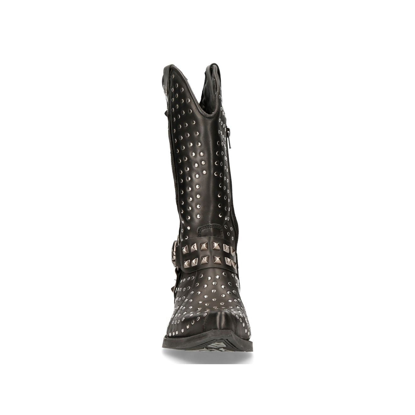New Rock Black Leather Studded Cowboy Boots- M-7928-S1