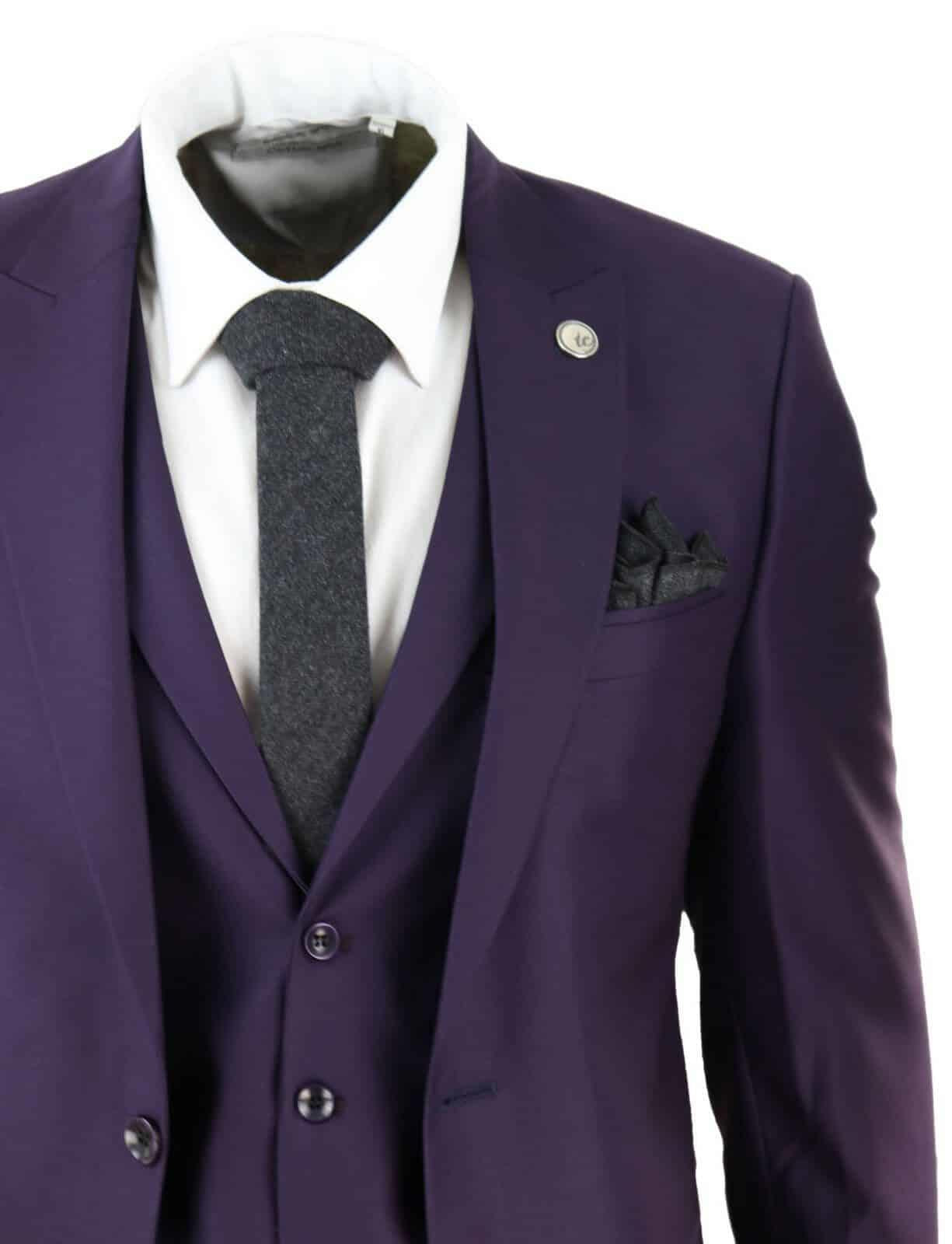 New Mens 3 Piece Suit Plain Purple Classic Tailored Fit Smart Casual 1920s Formal