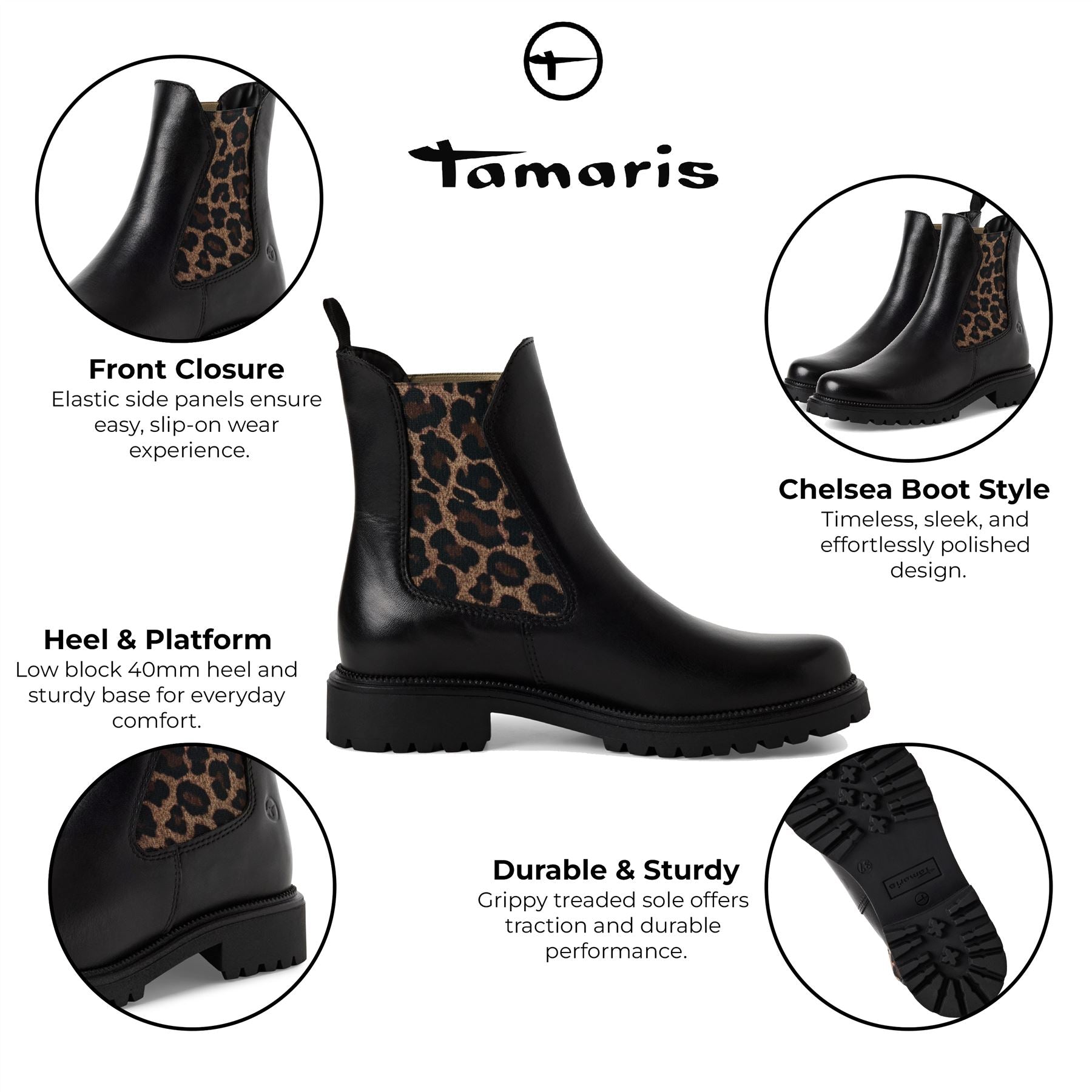 Tamaris Womens Black Leopard Leather Classic High Chelsea Ankle Boots