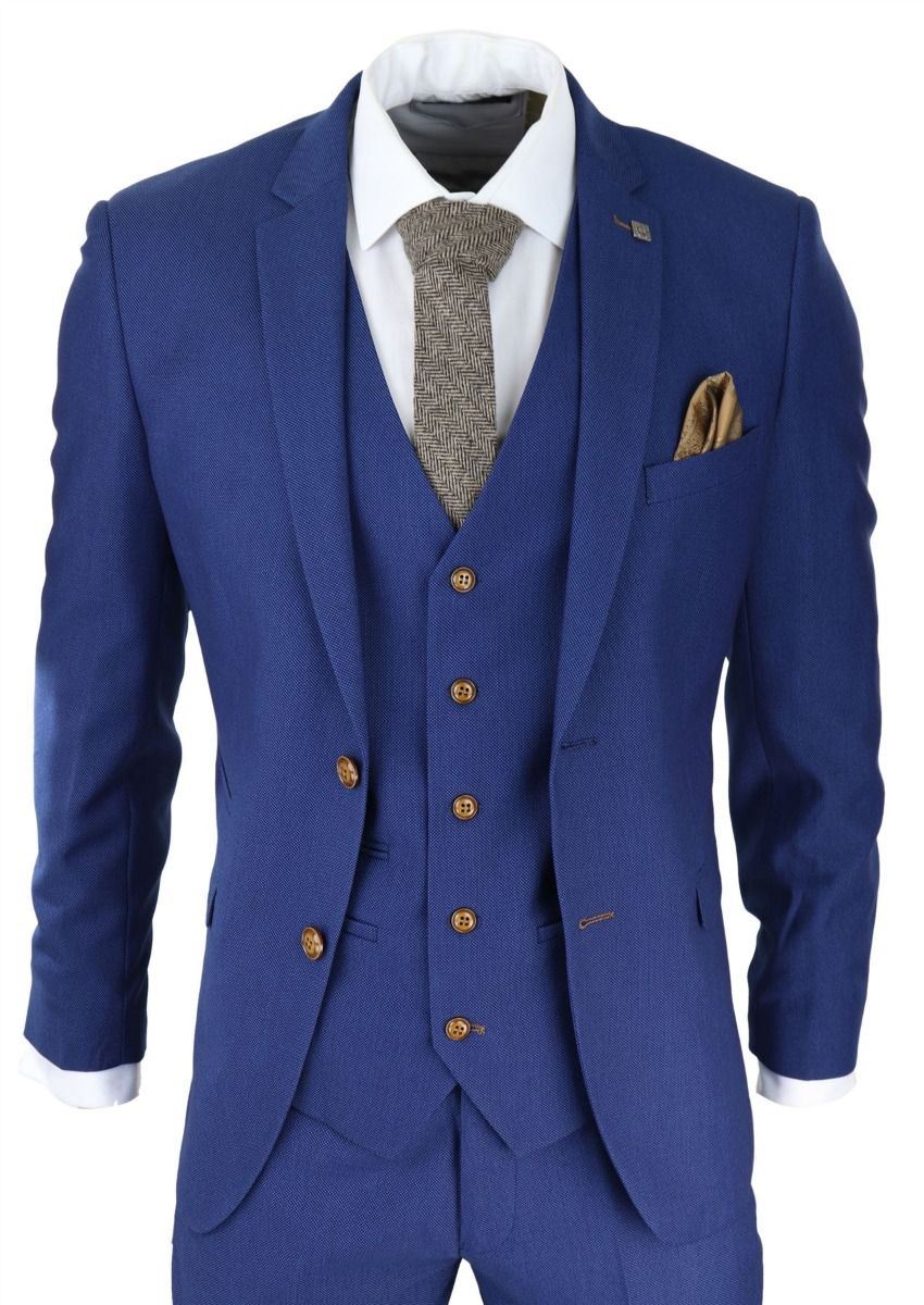 Mens 3 Piece Royal Blue Birdseye Classic Suit