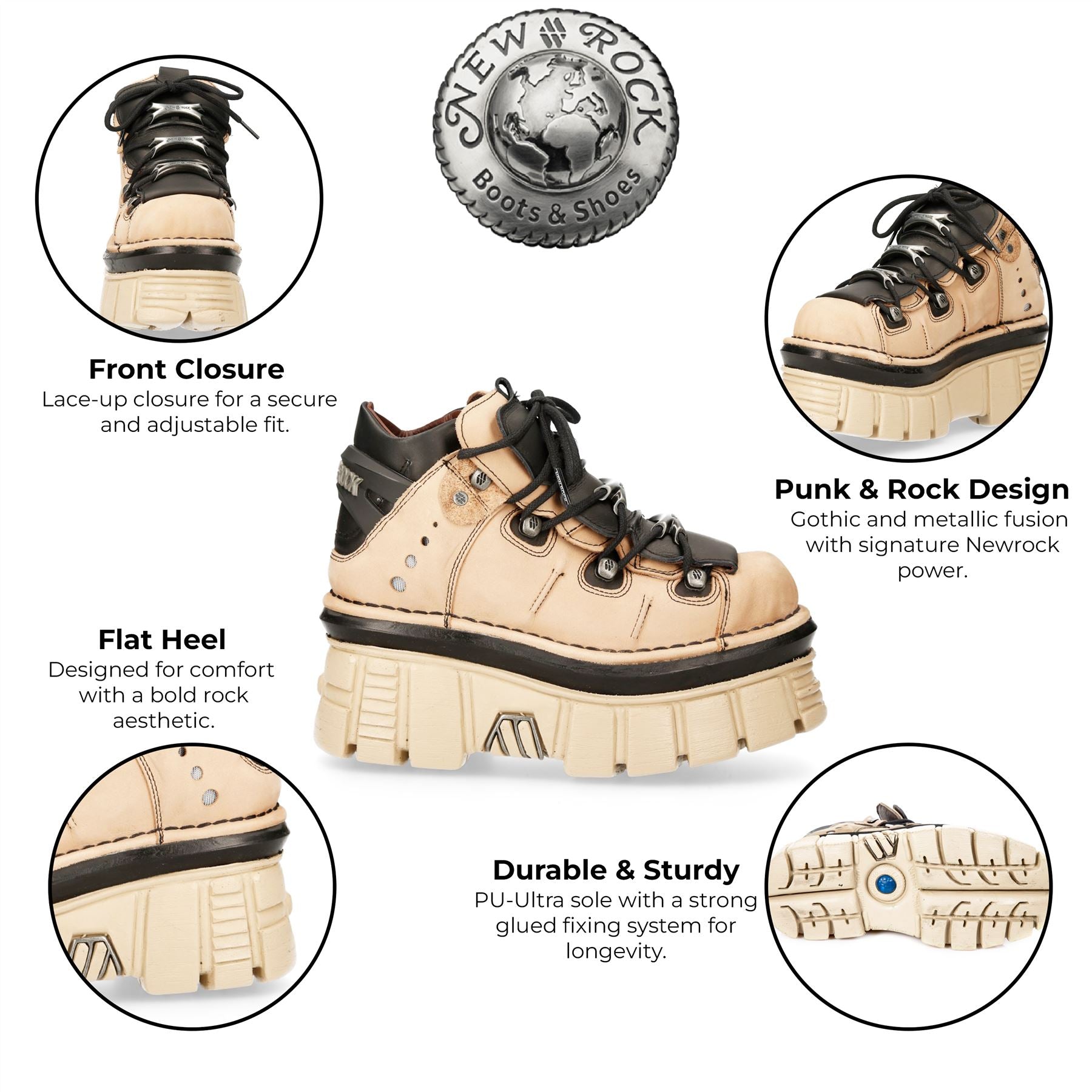 New Rock M-106-S40 Beige Leather Gothic Ankle Platform Boots