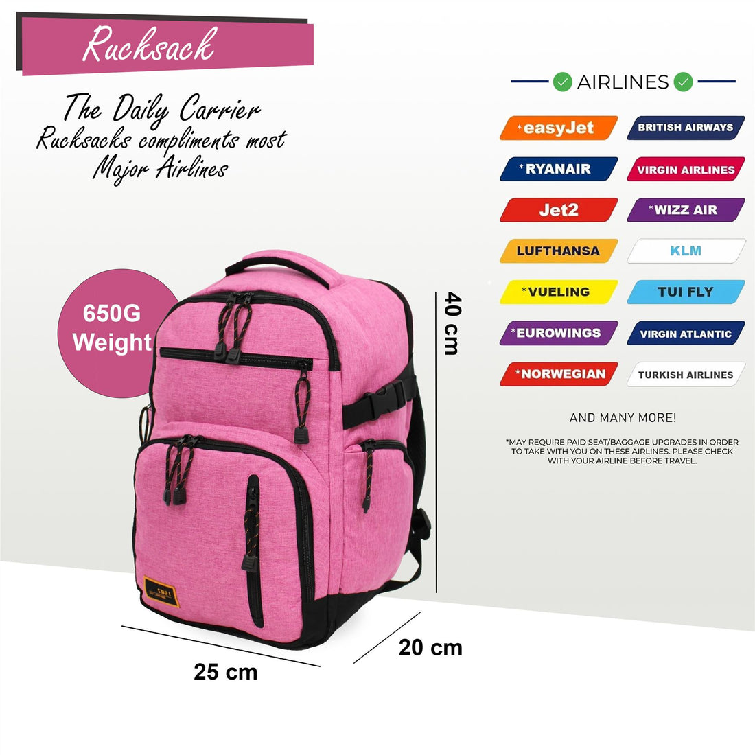 Backpack Rucksack 40x20 x25 cm Underseat Travel Cabin Bag for Ryanair, Easy Jet Pink