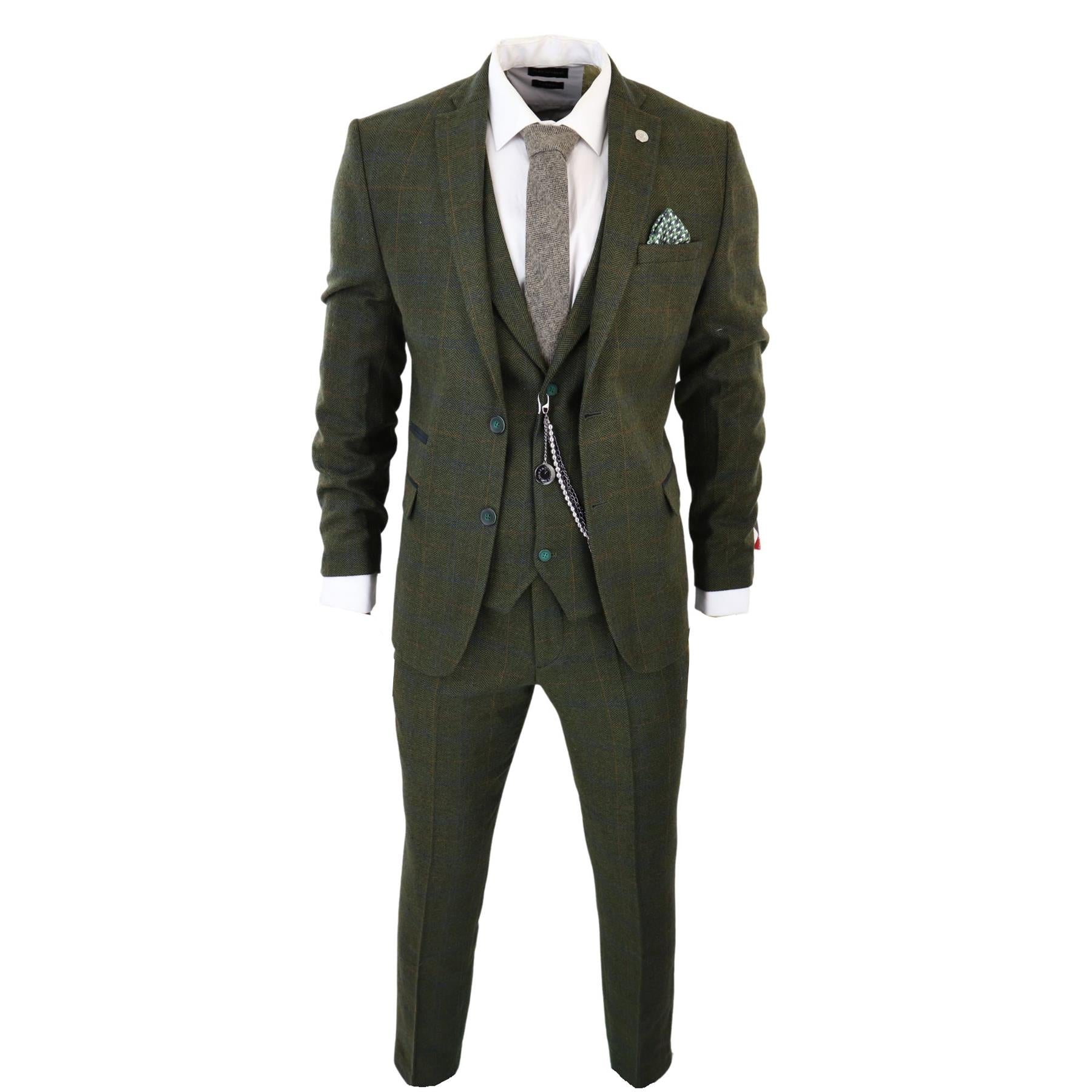 Mens 3 Piece Wool Suit Olive Green Tweed Check Peaky Blinders 1920 Gatsby Formal
