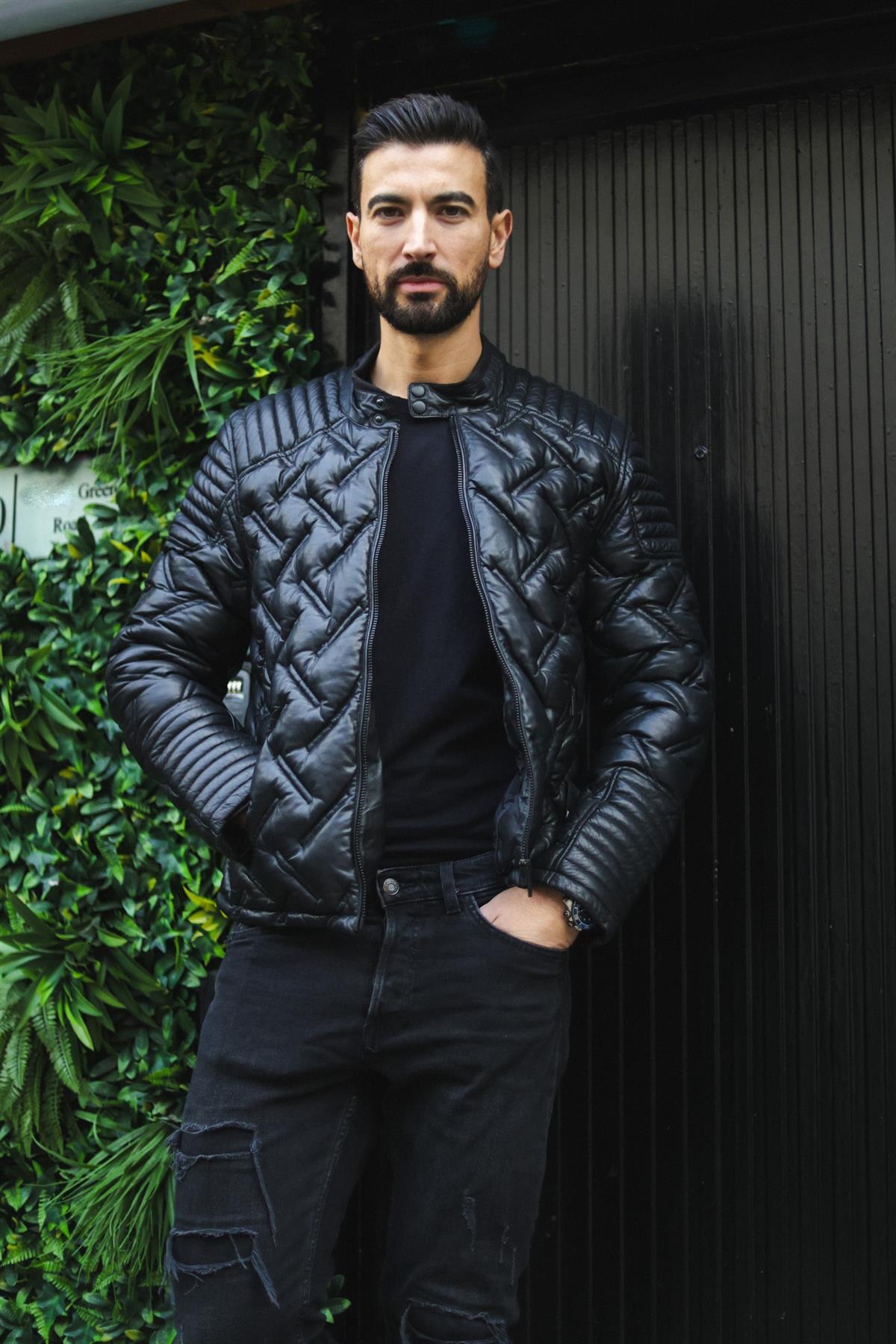 Mens Black Puffer Leather Biker Jacket - Tilbury