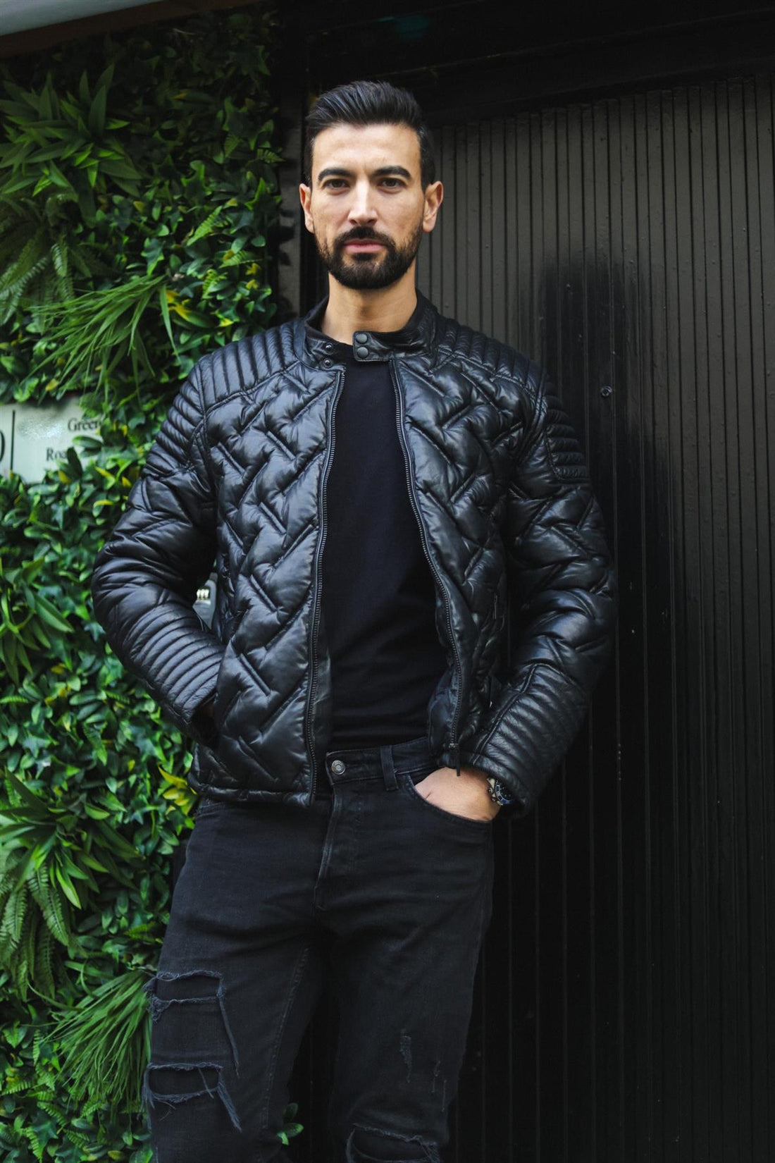 Mens Black Puffer Leather Biker Jacket - Tilbury