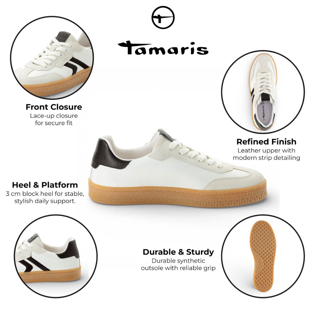 Tamaris Men’s White Leather Black Stripe Trainer Sneaker Shoes