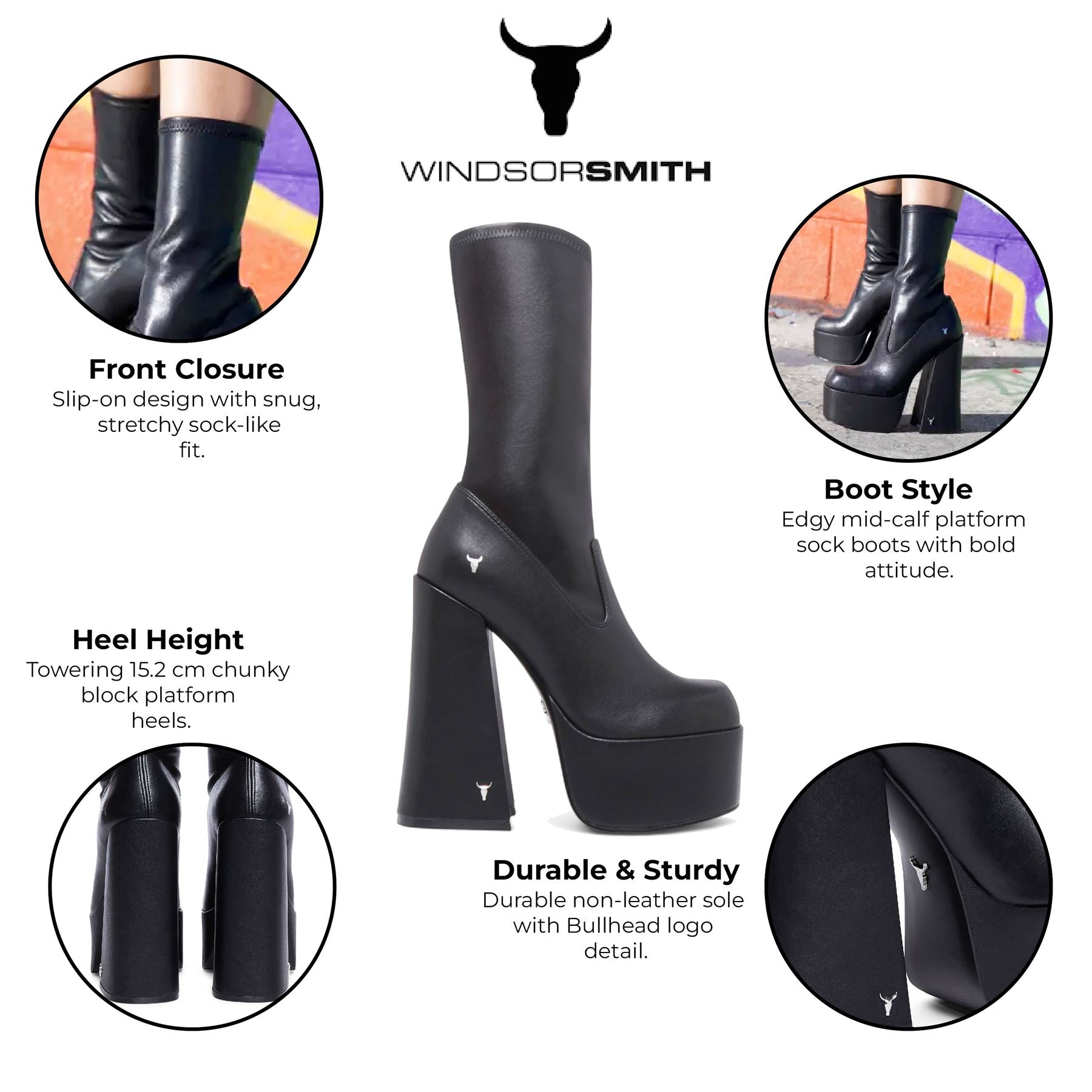 Windsorsmith Womens Black Mid-Calf Sock Platform Goth Heel Boots - Saviour