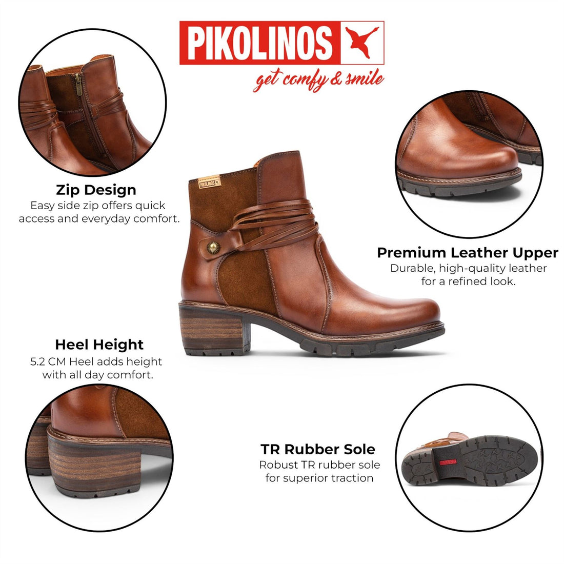 Pikolinos Women’s Brown Leather Zipped Heel Ankle Boots - San Sebastia