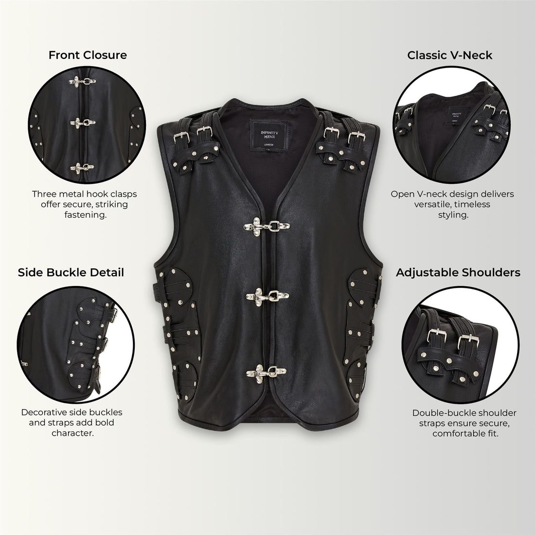 Men’s Black Biker Leather Waistcoat Metal Buckles Vest - Coolgardie