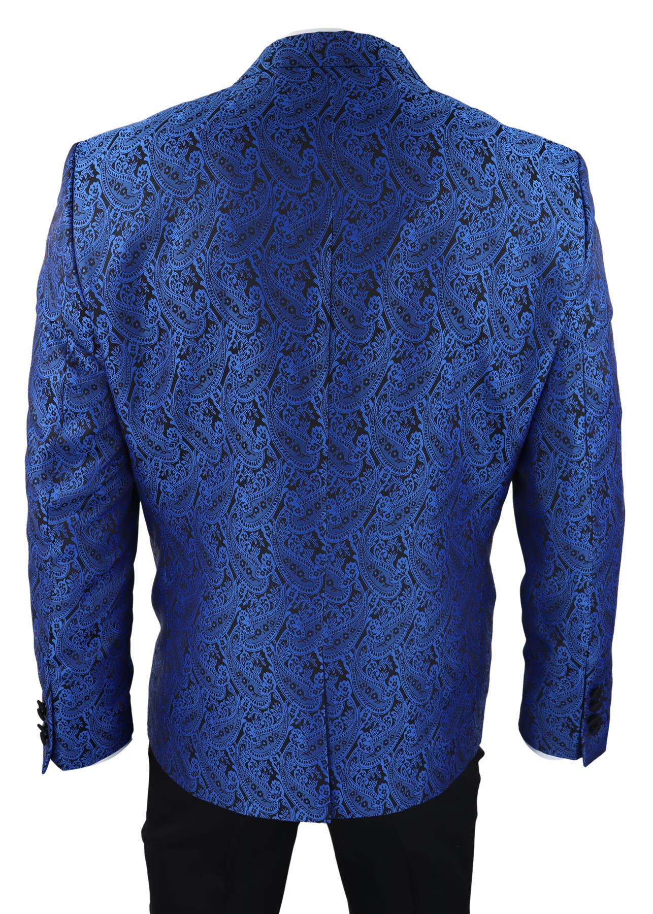 Mens Blue Tuxedo Blazer Waistcoat Brocade Black Satin Paisley Dinner Jacket
