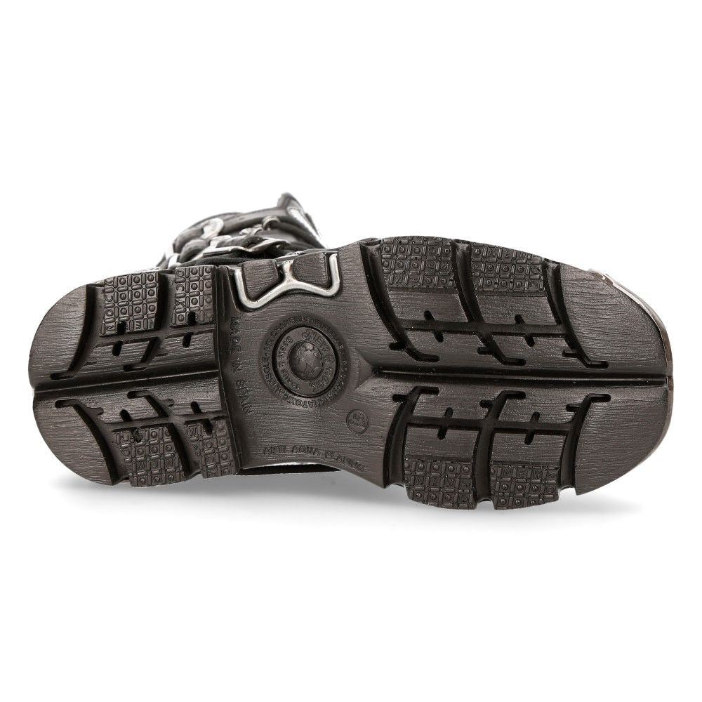 New Rock Flame Accented Black/Silver Leather Boots-591-S2