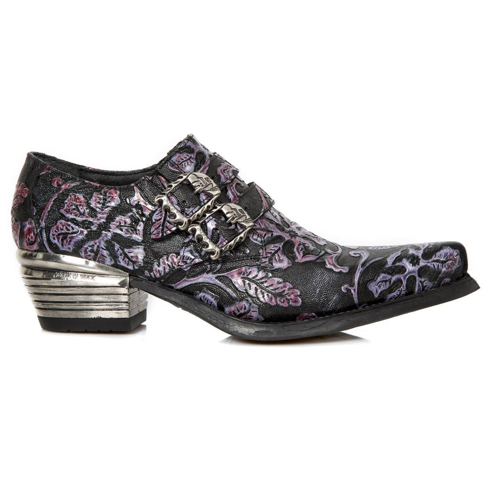 New Rock Vintage Purple Floral Leather Buckle Shoes-7960-S8