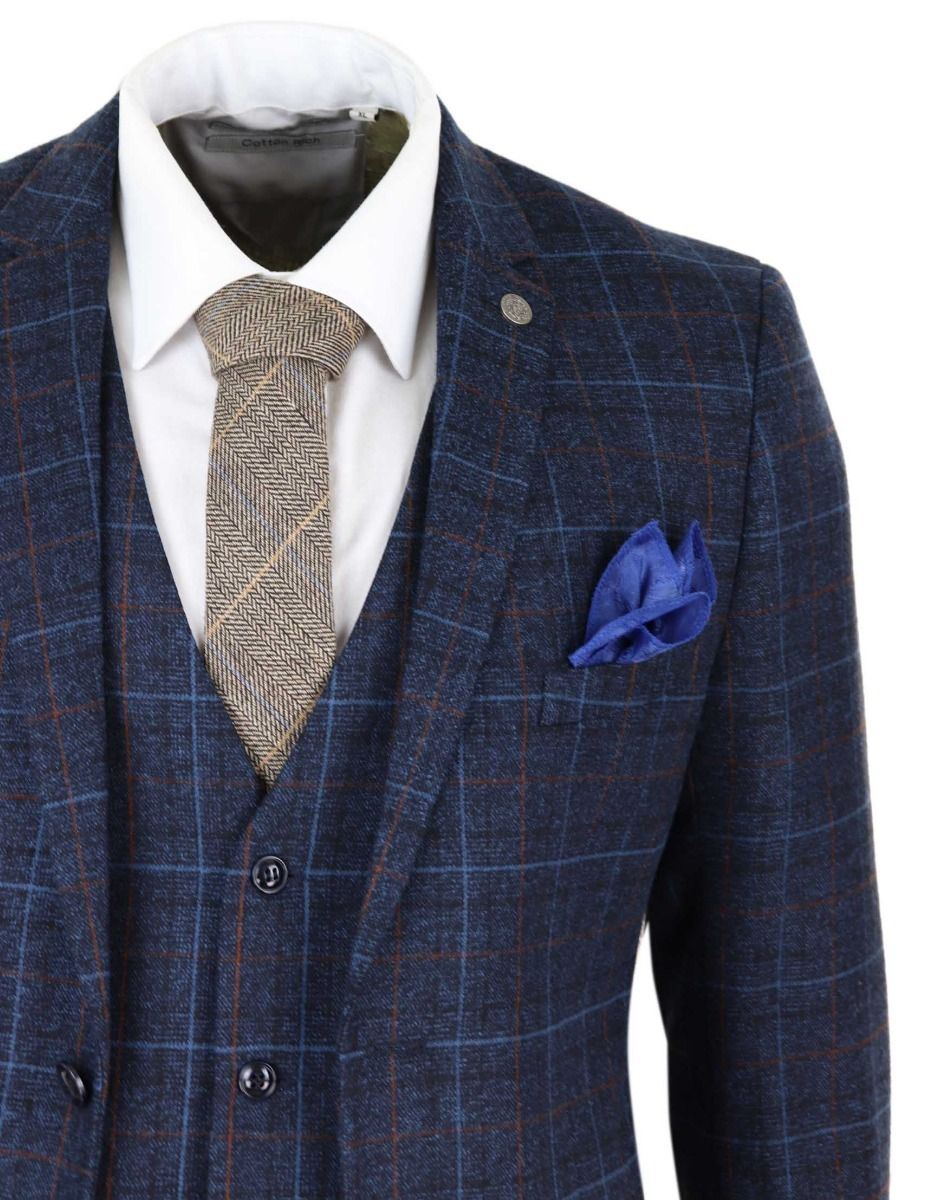 Mens 3 Piece Navy Blue Tweed Check Vintage Suit