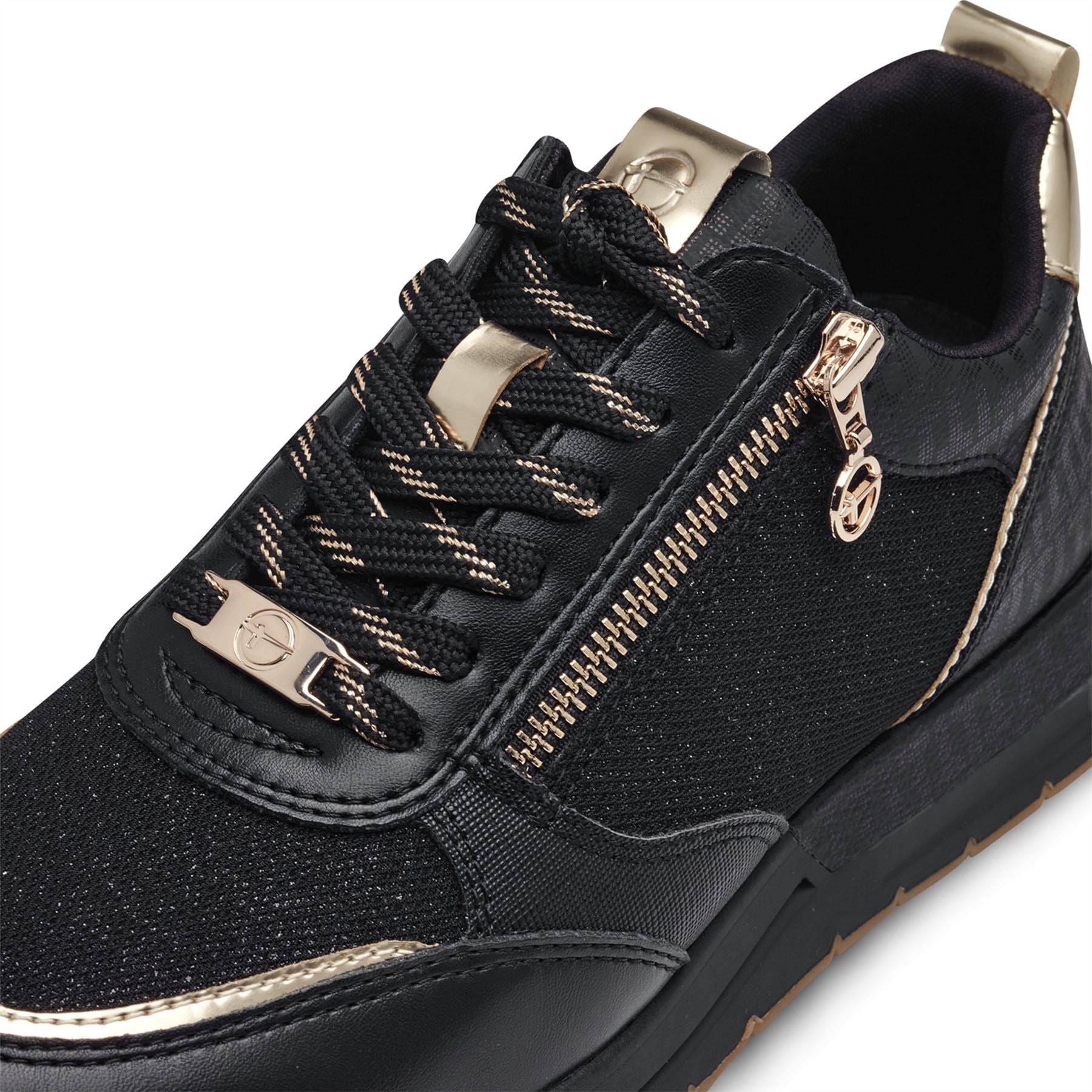 Tamaris Womens Black Gold Fashion Lace-up Zipped Sneakers Trainers