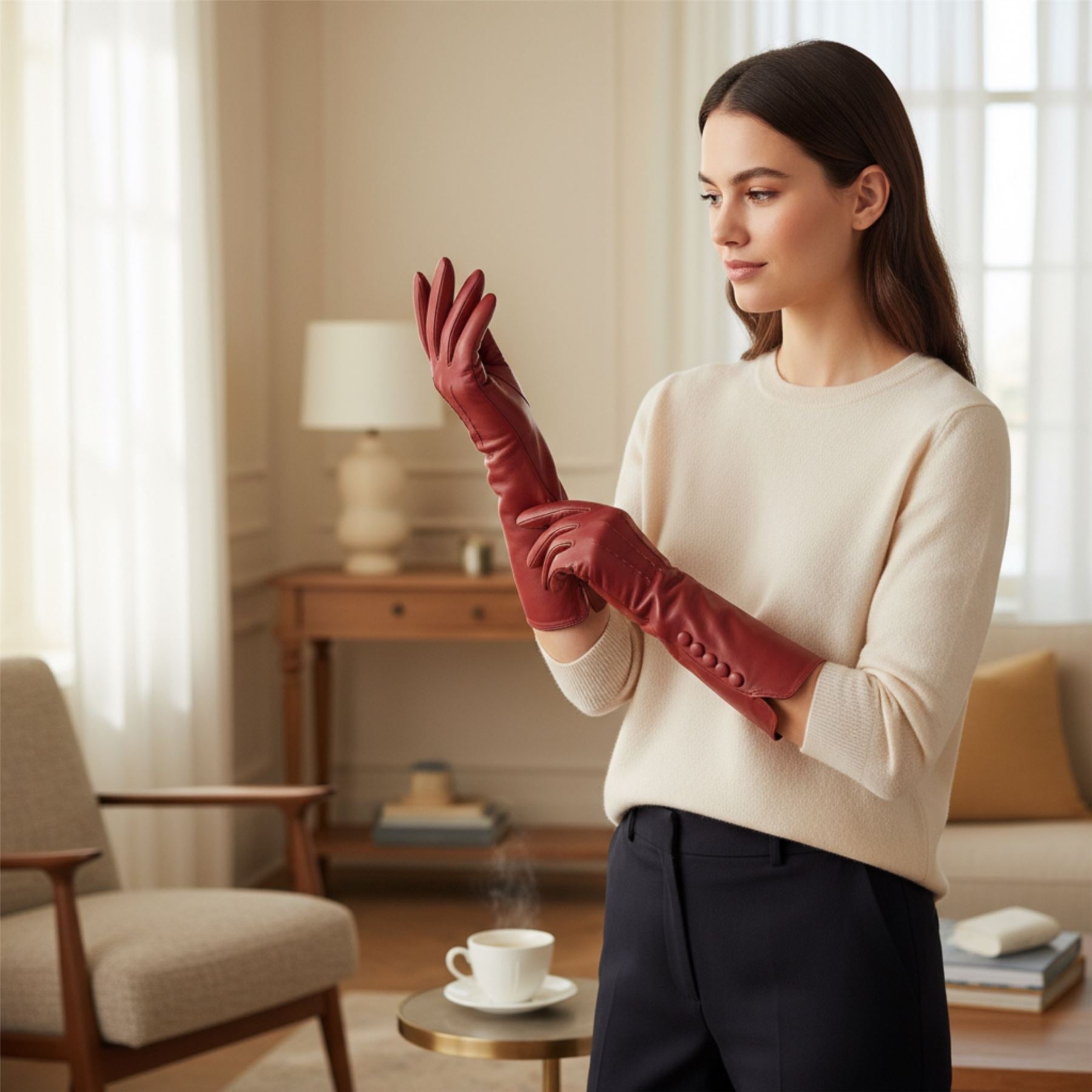 Womens Long Italian Leather Winter Button Design Soft Wool Lining Gloves - L-GLV-201