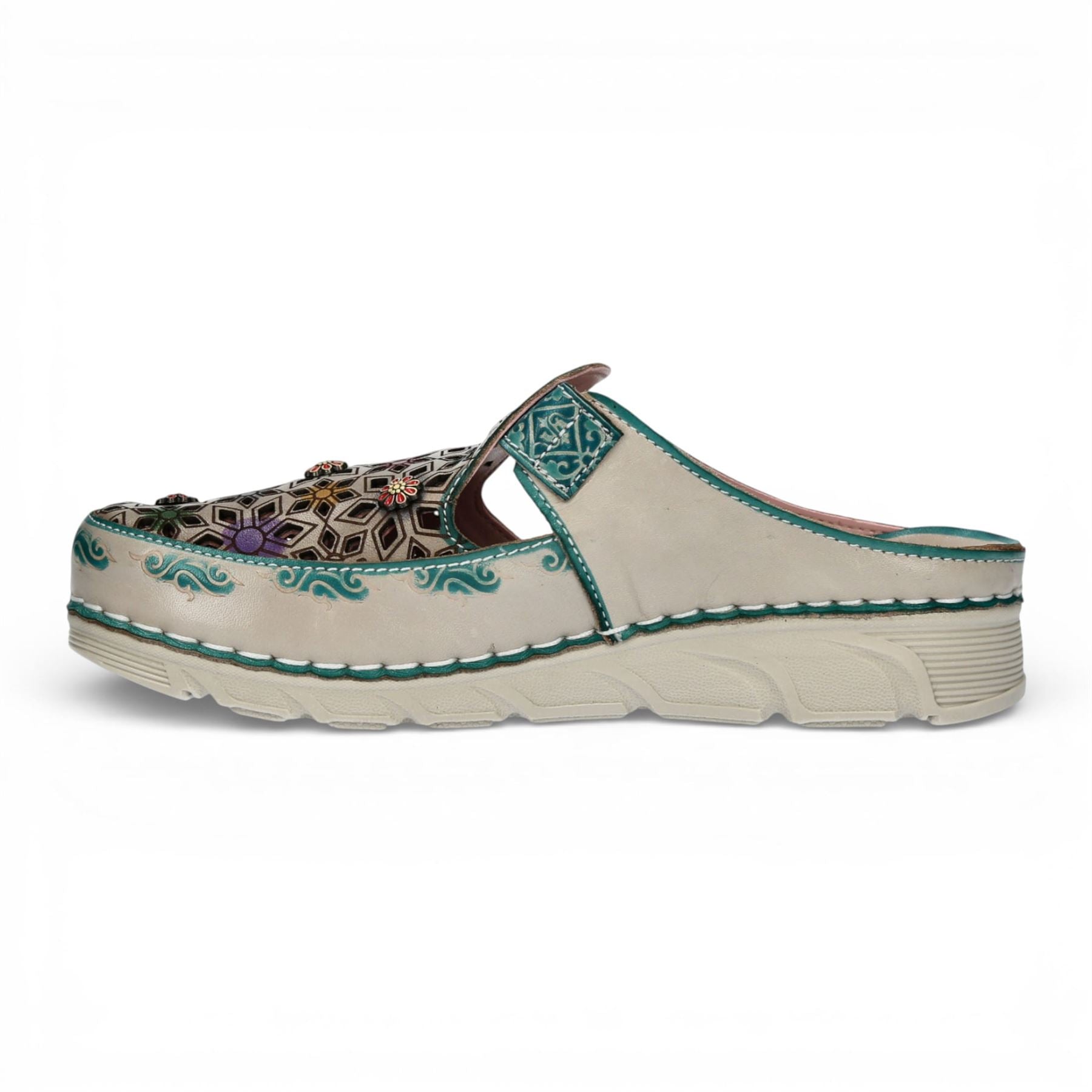 Laura Vita Women’s Dorry 01 Floral Blue Leather Wedge Slipper Sandals