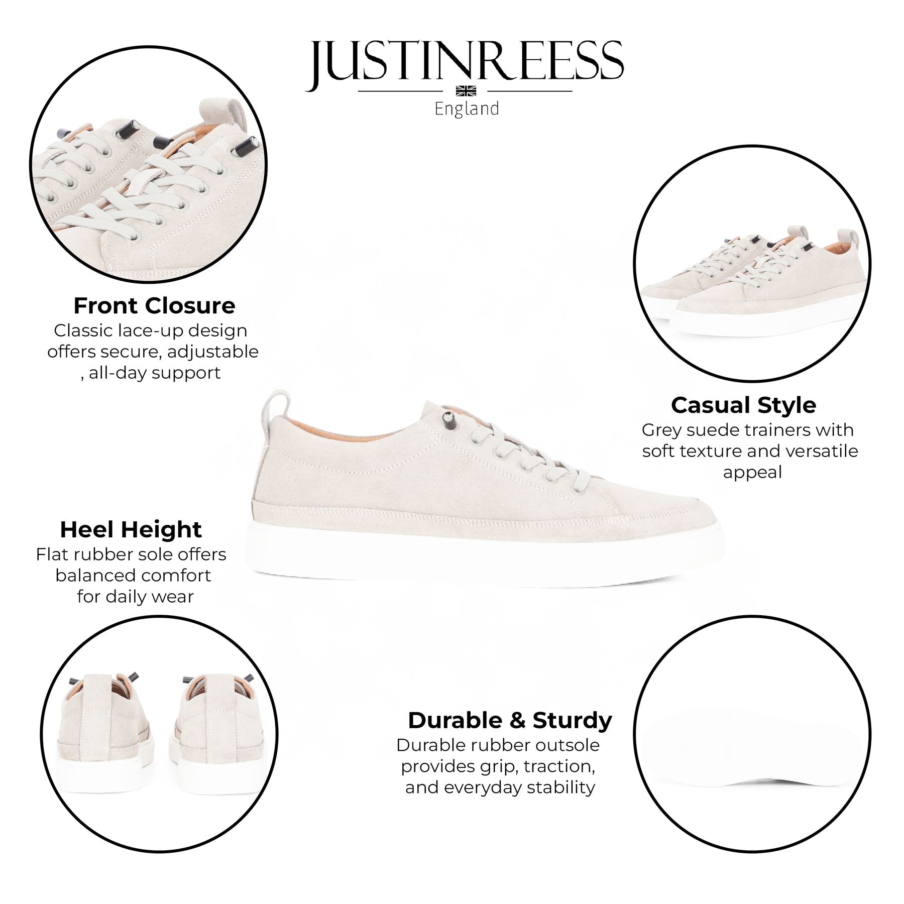 Justin Reess Mens Grey Suede Leather Trainers Sneakers - Josh