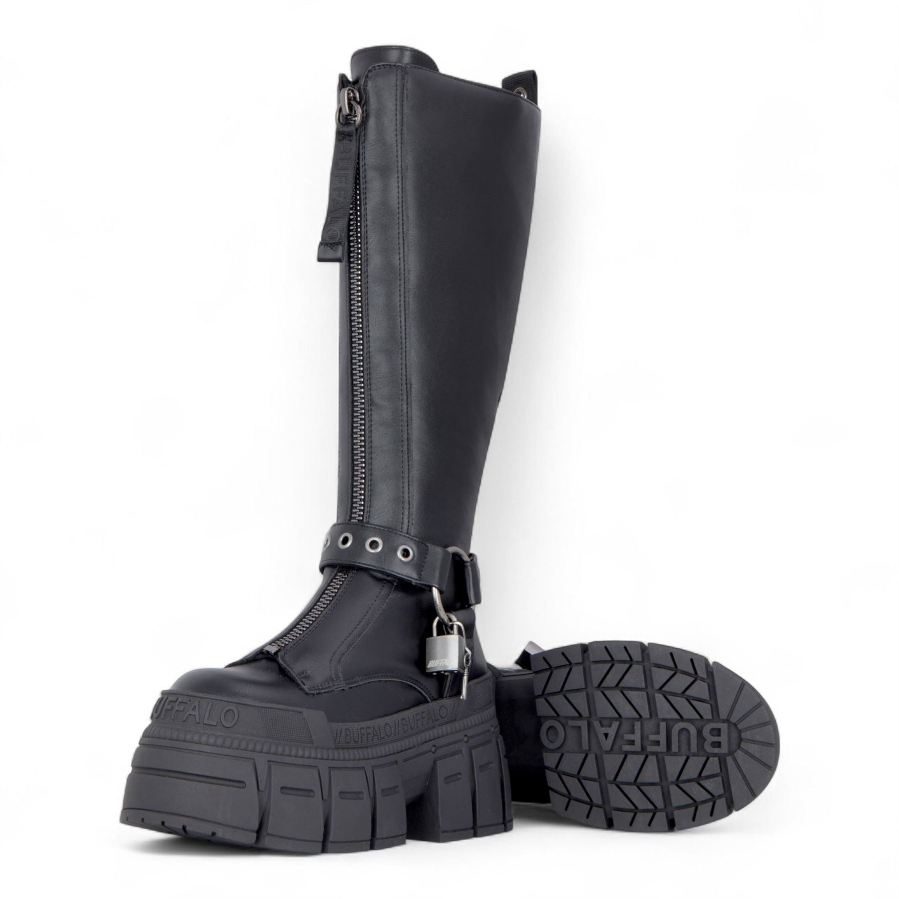 Buffalo Womens Biker Knee High Black Chunky Goth Platform Boots - Gospher Hi